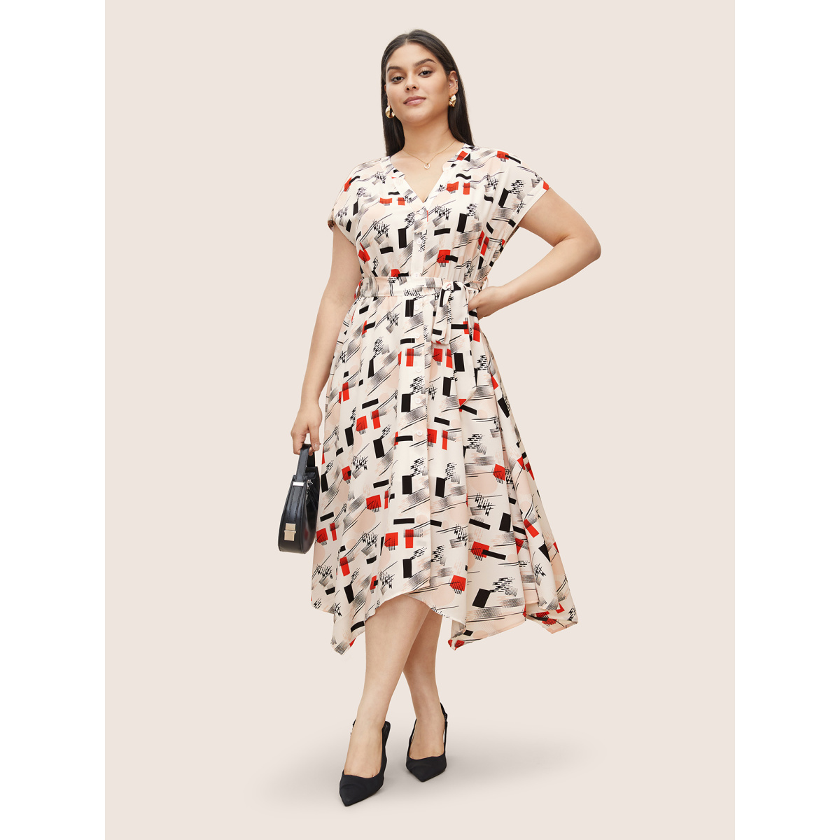 

Plus Size Geometric Flat Collar With V Notch Batwing Sleeve Dress Multicolor Women Belted Curvy Midi Dress BloomChic