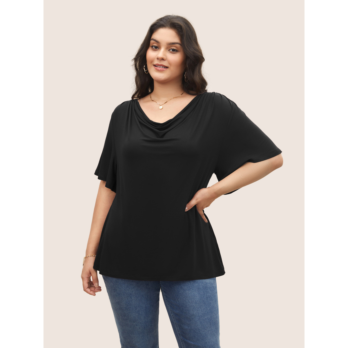 

Plus Size Supersoft Essentials Cowl Neck Ruffle Sleeve T-shirt Black Women Elegant Non Everyday T-shirts BloomChic