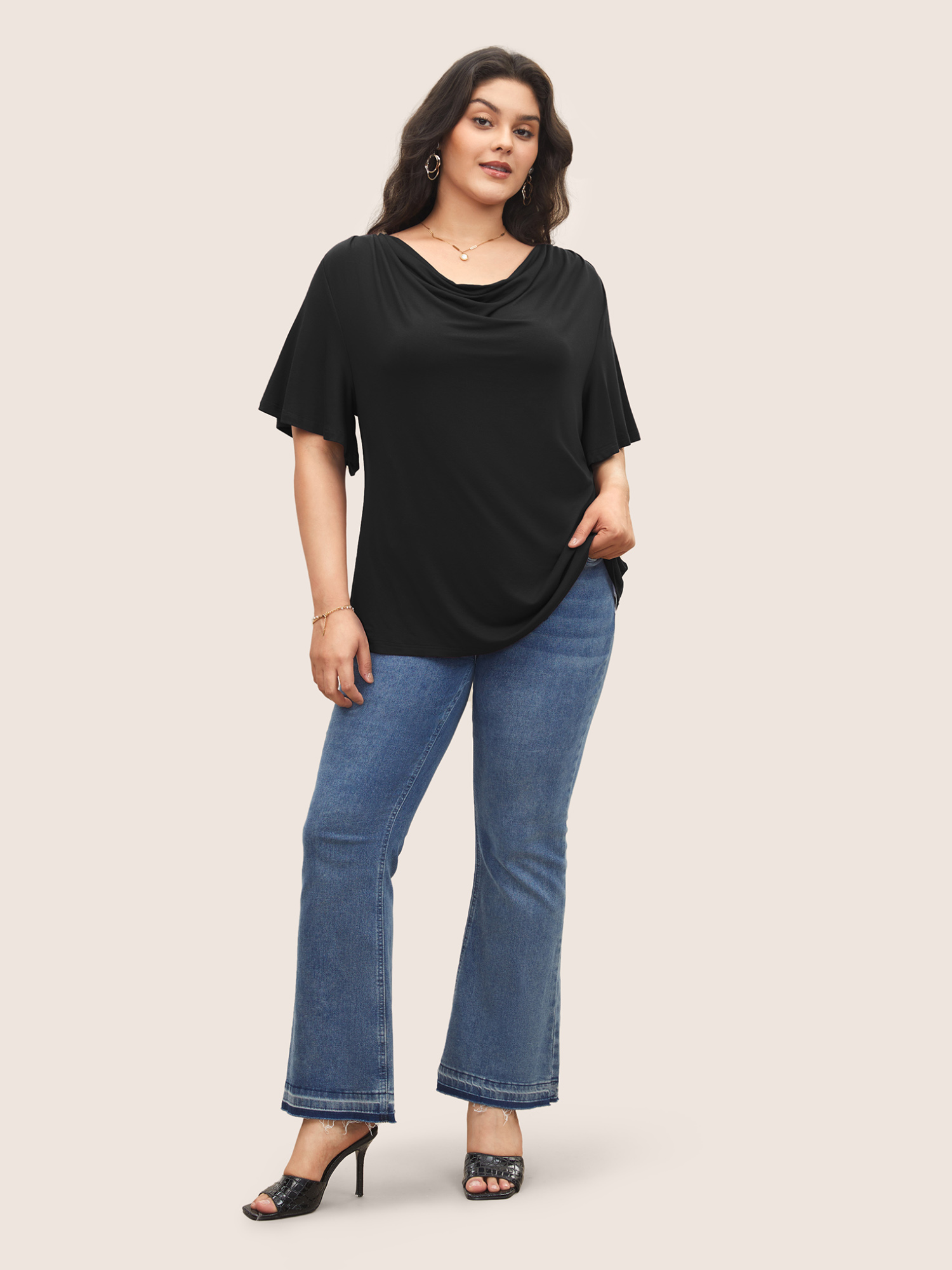 

Plus Size Supersoft Essentials Cowl Neck Ruffle Sleeve T-shirt Black Women Elegant Non Everyday T-shirts BloomChic