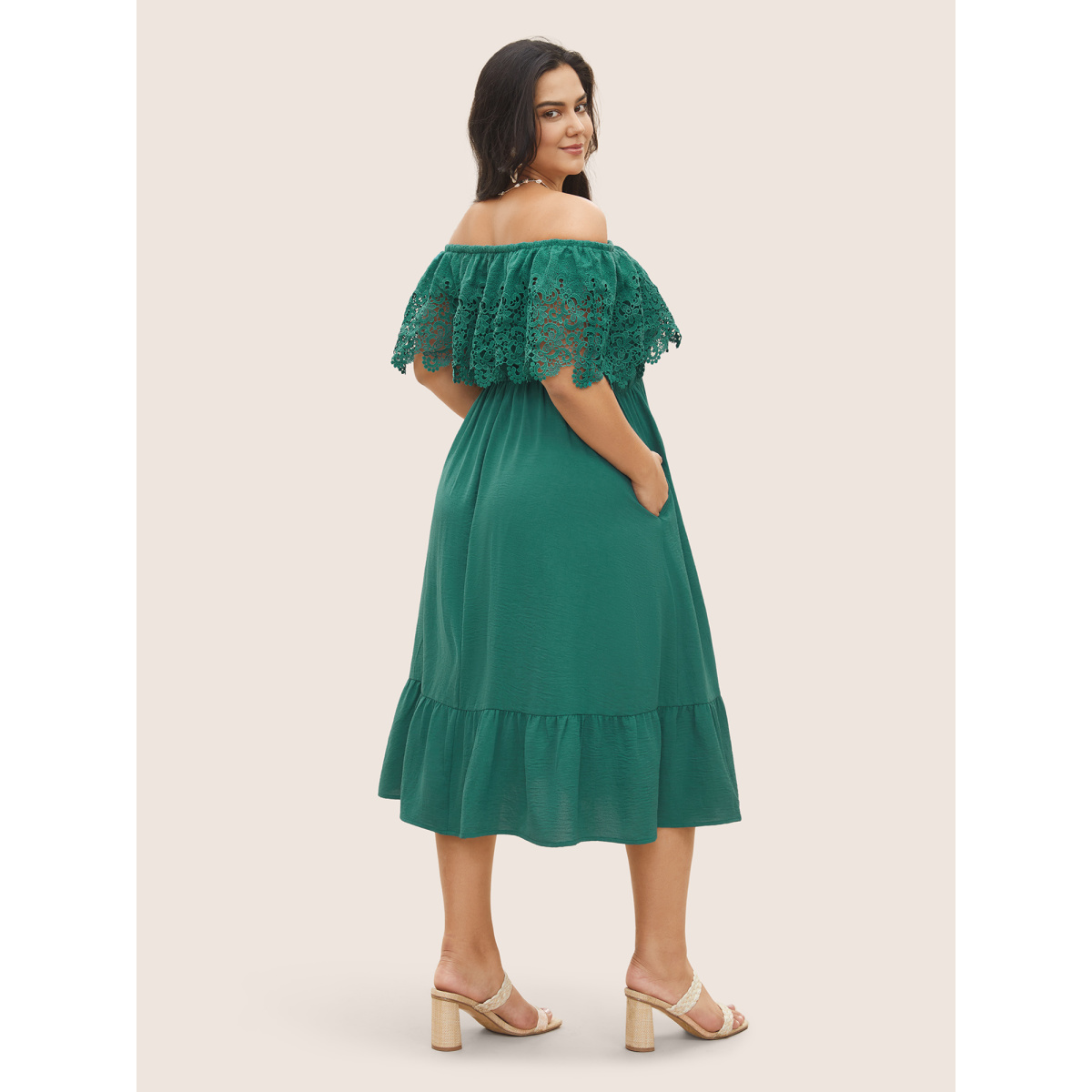 

Plus Size Guipure Lace Off Shoulder Flutter Hem Dress Emerald Women Gathered Curvy Midi Dress BloomChic