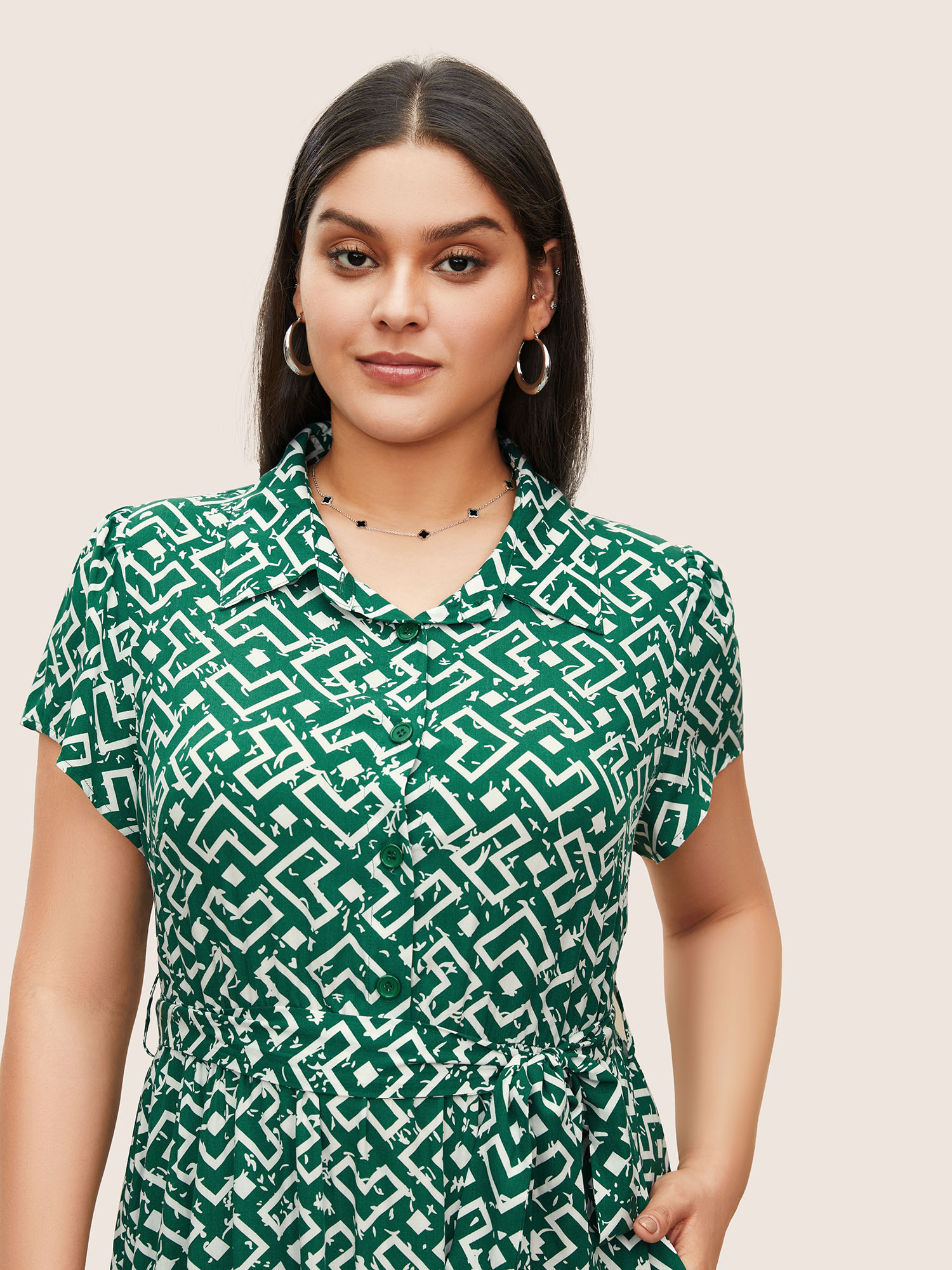 

Plus Size Shirt Collar Geometric Button Up Belted Dress DarkGreen Women Work From Home Belted Shirt collar Cap Sleeve Curvy Midi Dress BloomChic