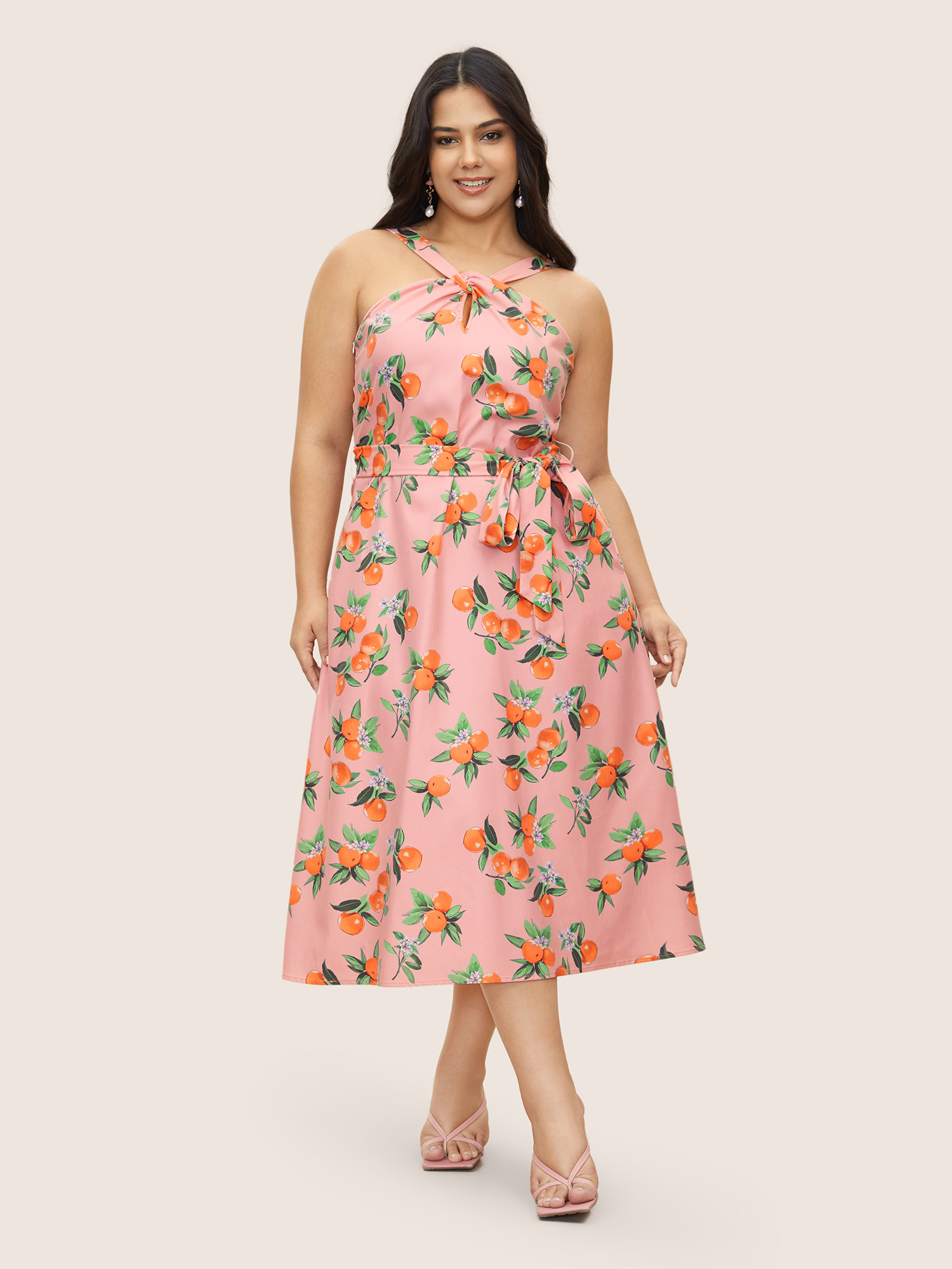 

Plus Size Citrus Orange Print Halter Neck Tie Knot Dress Pink Women Elegant Tie knot Halter neck Sleeveless Curvy Midi Dress BloomChic