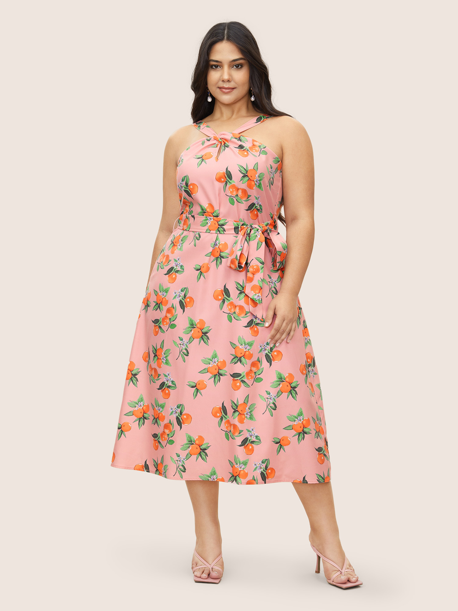 Plus Size Citrus Orange Print Halter Neck Tie Knot Dress Pink Women Tie knot Curvy Midi Dress BloomChic 10/M 