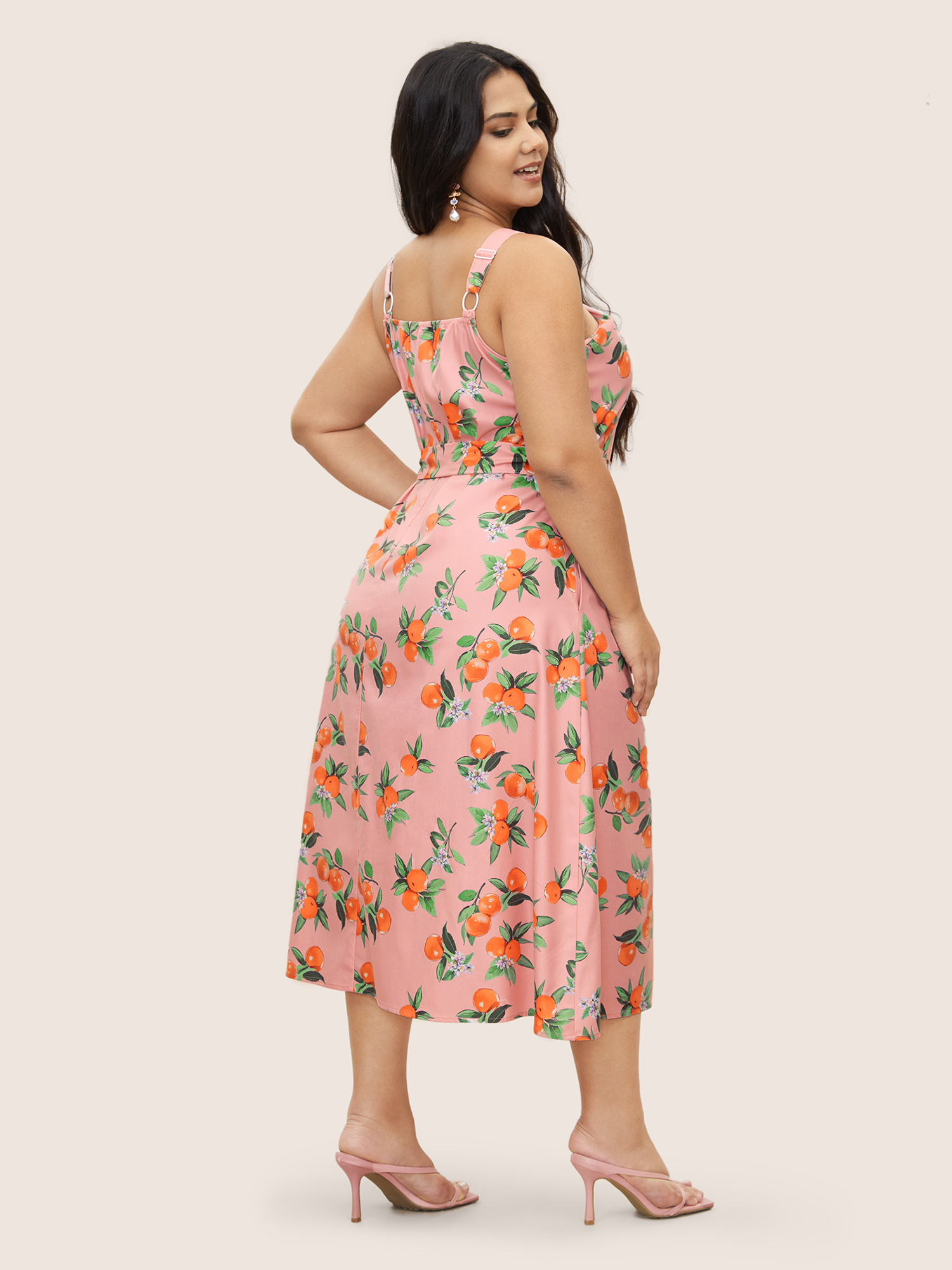 Plus Size Citrus Orange Print Halter Neck Tie Knot Dress Pink Women Tie knot Curvy Midi Dress BloomChic 10/M 