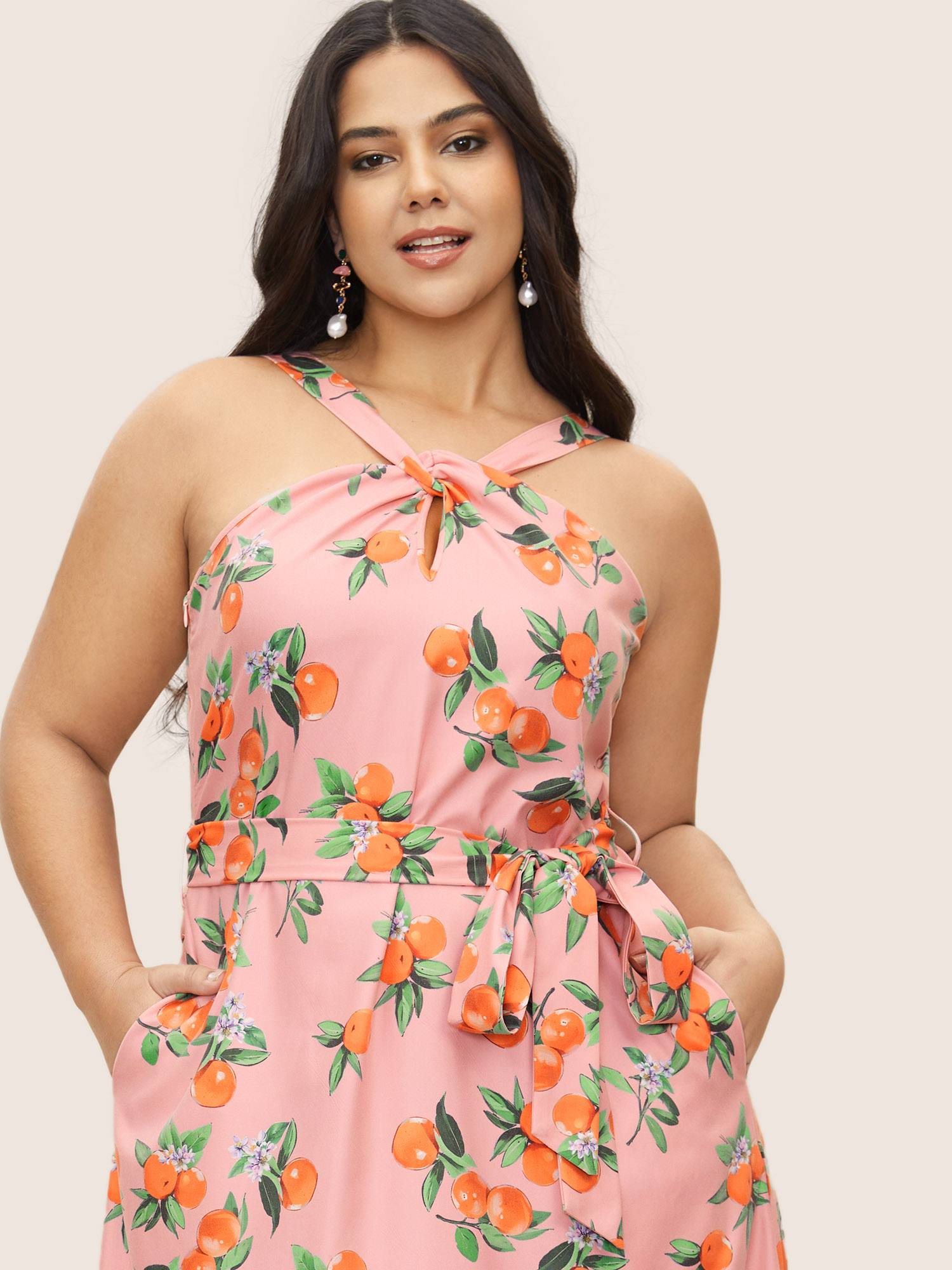 Plus Size Citrus Orange Print Halter Neck Tie Knot Dress Pink Women Tie knot Curvy Midi Dress BloomChic 10/M 