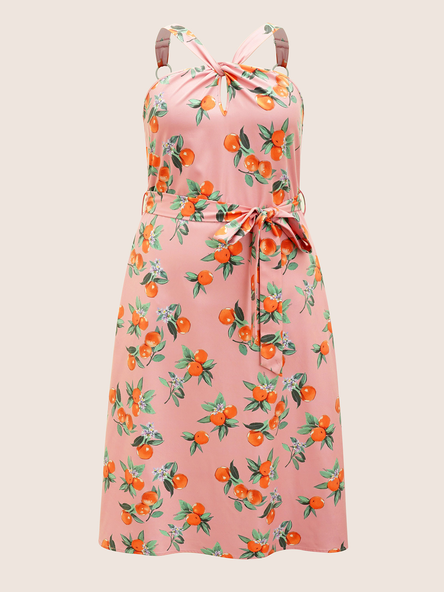 Plus Size Citrus Orange Print Halter Neck Tie Knot Dress Pink Women Tie knot Curvy Midi Dress BloomChic 10/M 