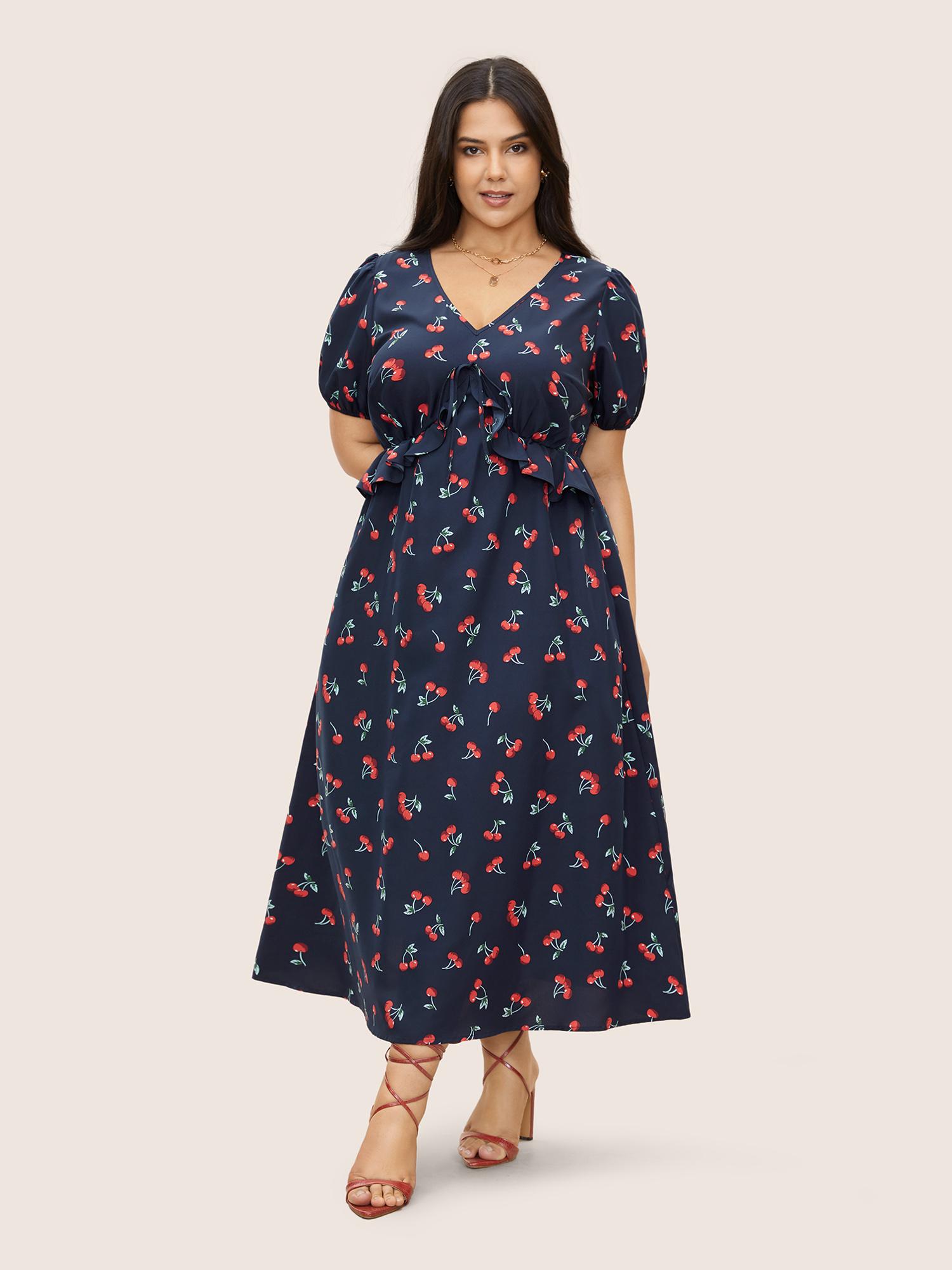 

Plus Size Citrus Fruit Print Tie Knot Gathered Puff Sleeve Dress DarkBlue Women Elegant Tie knot V-neck Short sleeve Curvy Midi Dress BloomChic