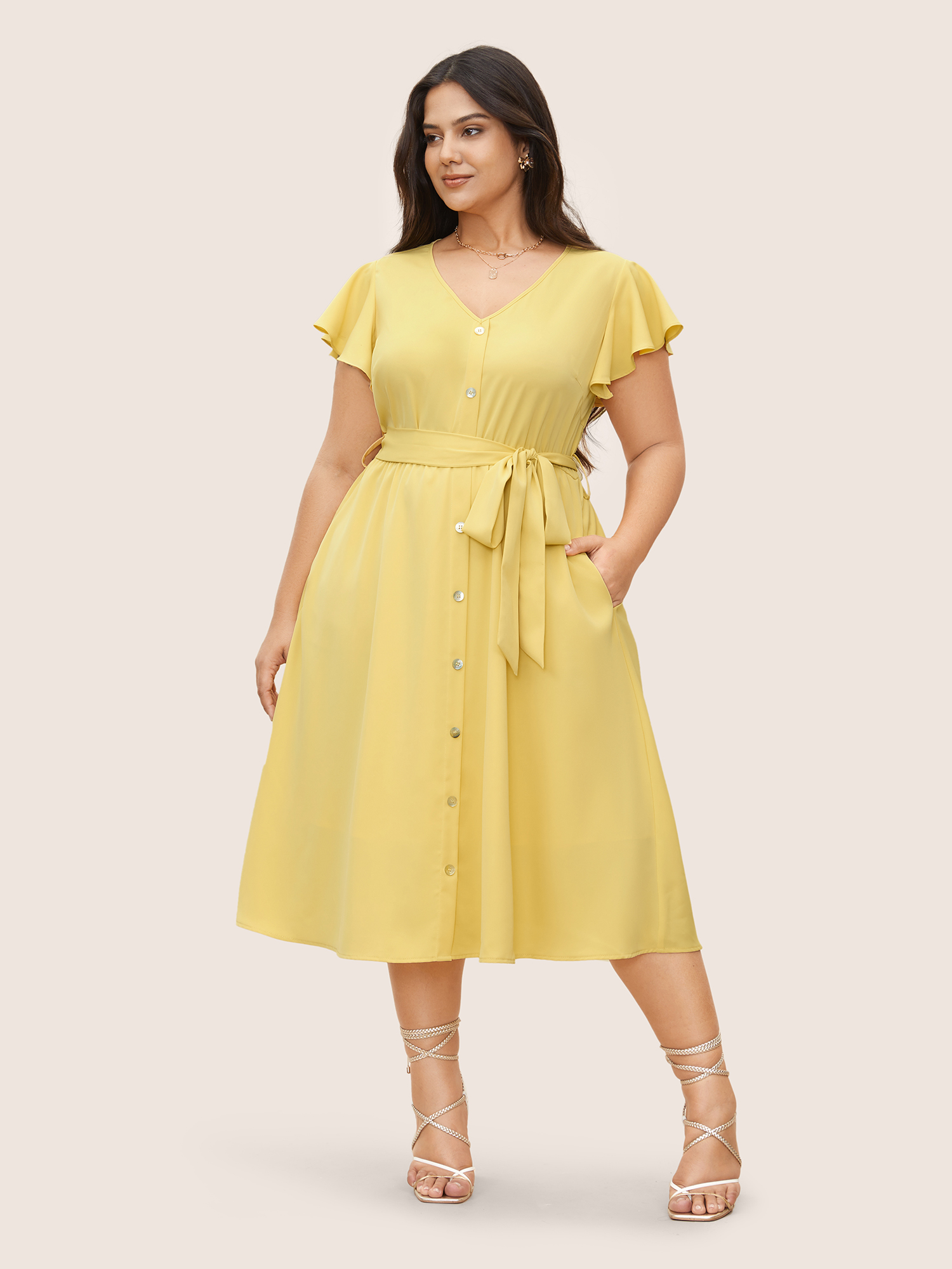 

Plus Size Citrus Solid Ruffle Cap Sleeve Button Detail Dress Yellow Women Elegant Belted V-neck Cap Sleeve Curvy Midi Dress BloomChic