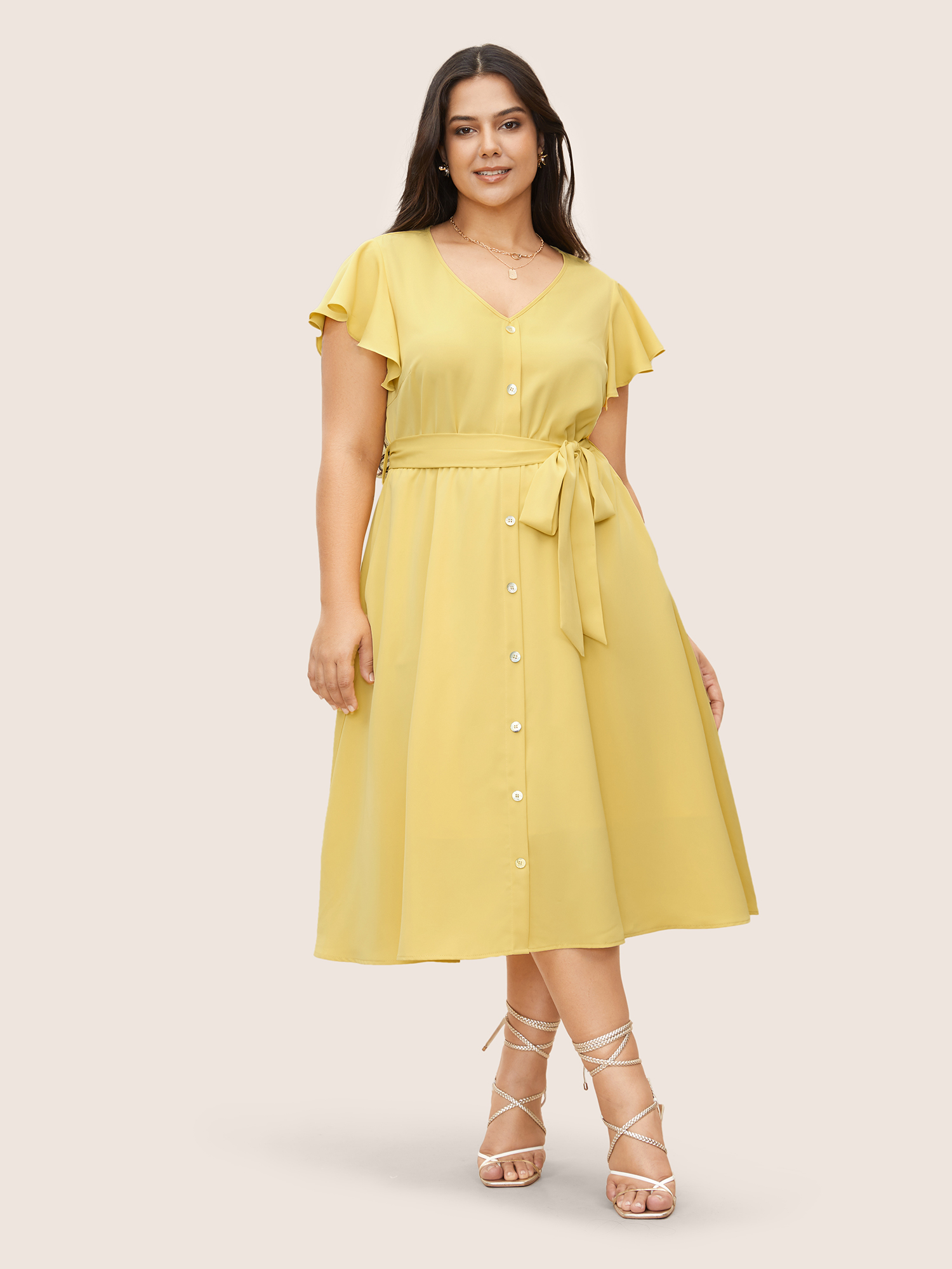 

Plus Size Citrus Solid Ruffle Cap Sleeve Button Detail Dress Yellow Women Elegant Belted V-neck Cap Sleeve Curvy Midi Dress BloomChic