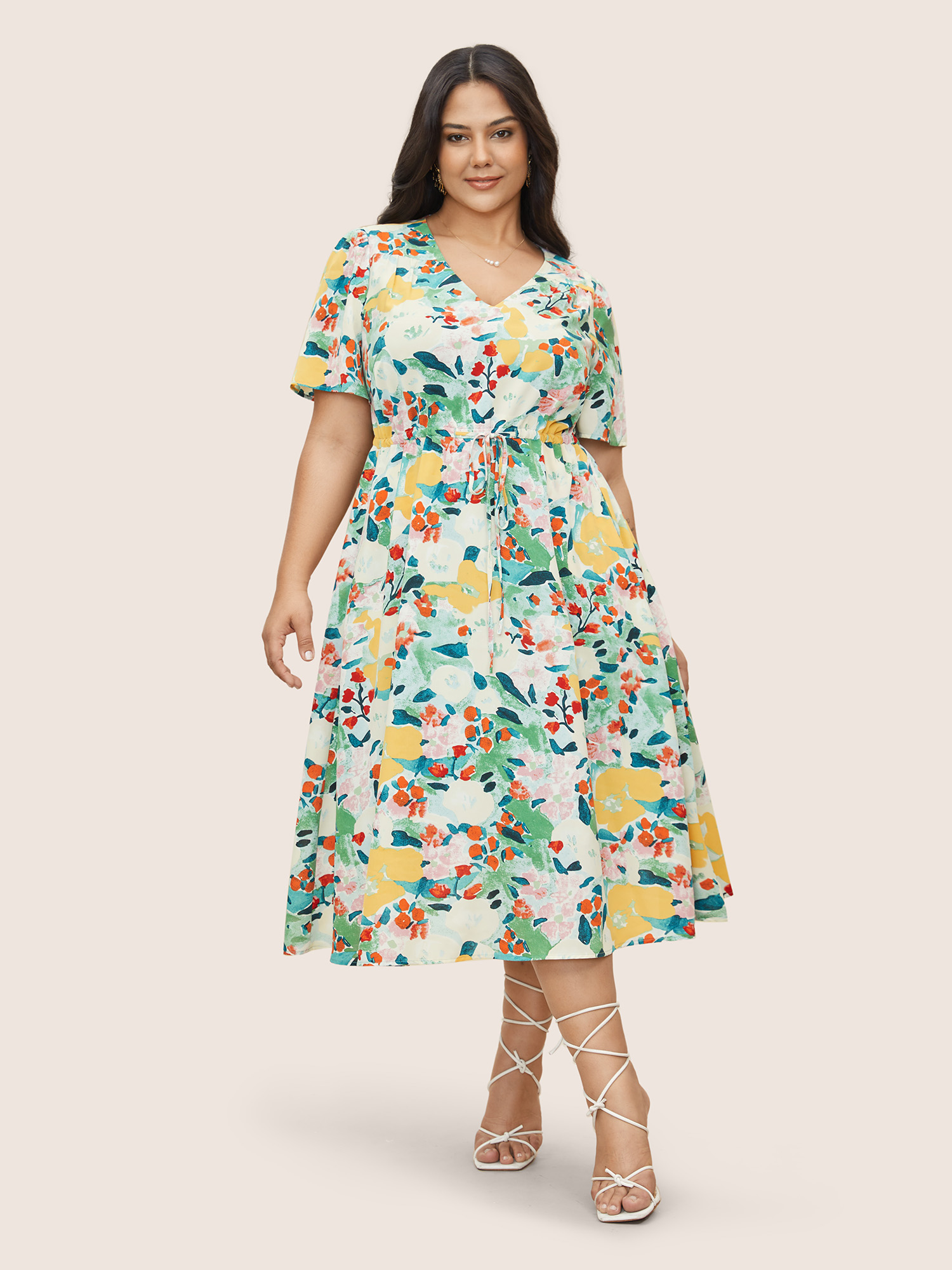 

Plus Size Citrus Lemon Print Drawstring Gathered Dress Mint Women Elegant Drawstring V-neck Short sleeve Curvy Midi Dress BloomChic