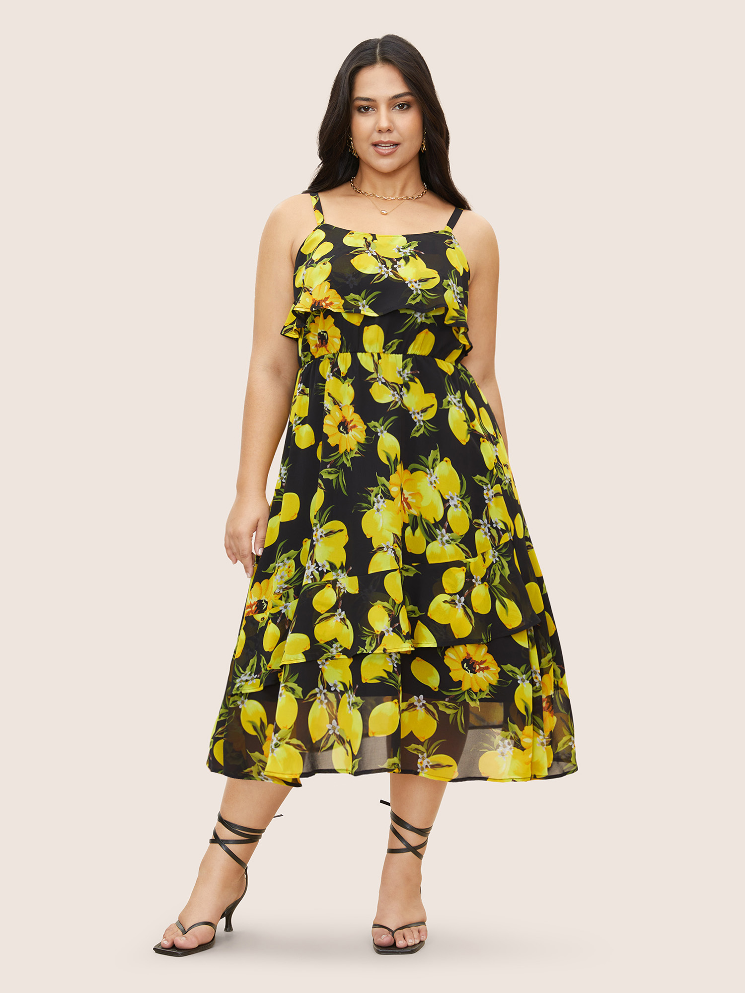 

Plus Size Citrus Lemon Print Ruffle Trim Belted Cami Dress Black Women Gathered Curvy Midi Dress BloomChic
