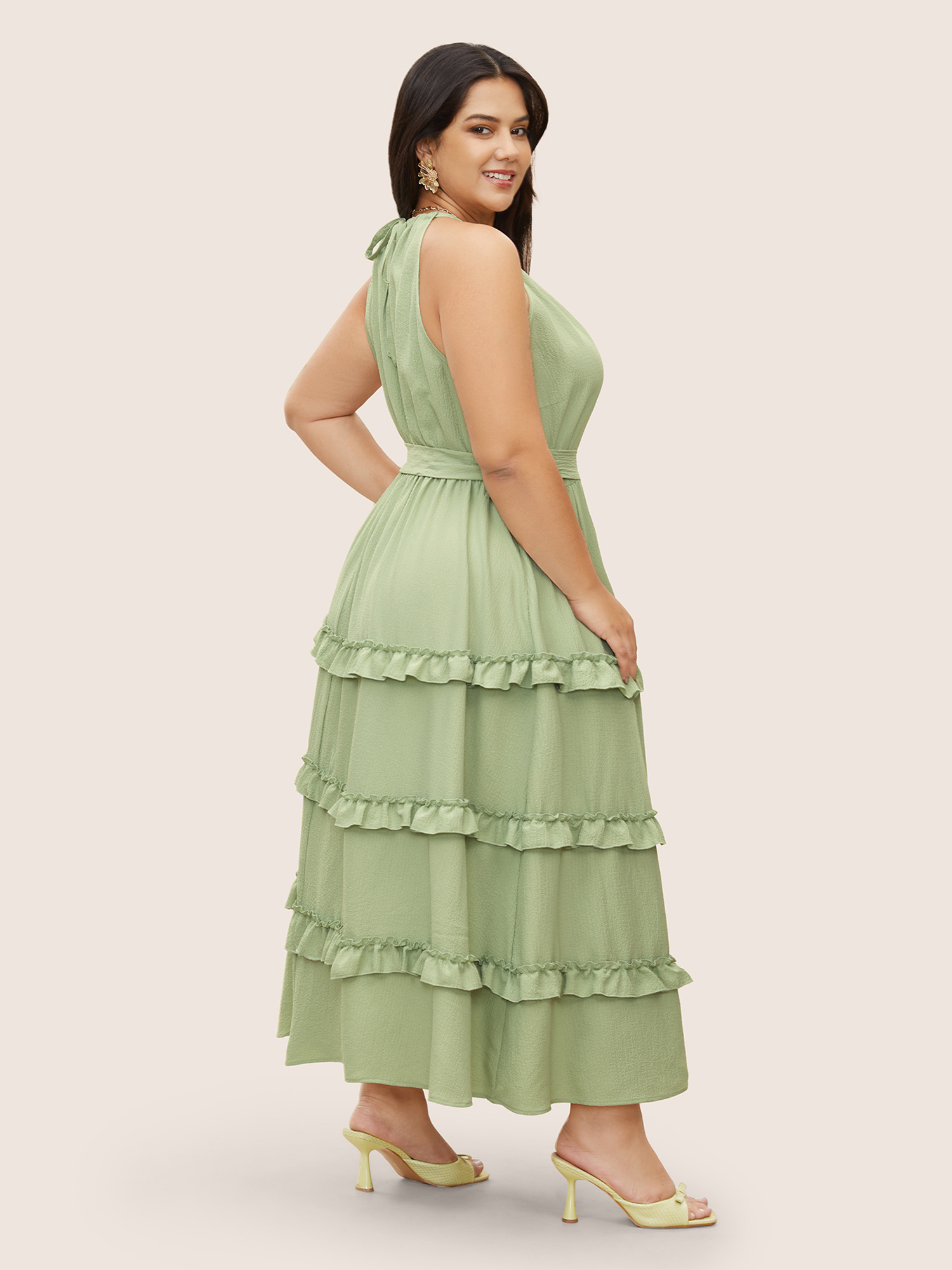 

Plus Size Citrus Plain Halter Neck Belted Frill Trim Dress Mint Women Belted Curvy Midi Dress BloomChic