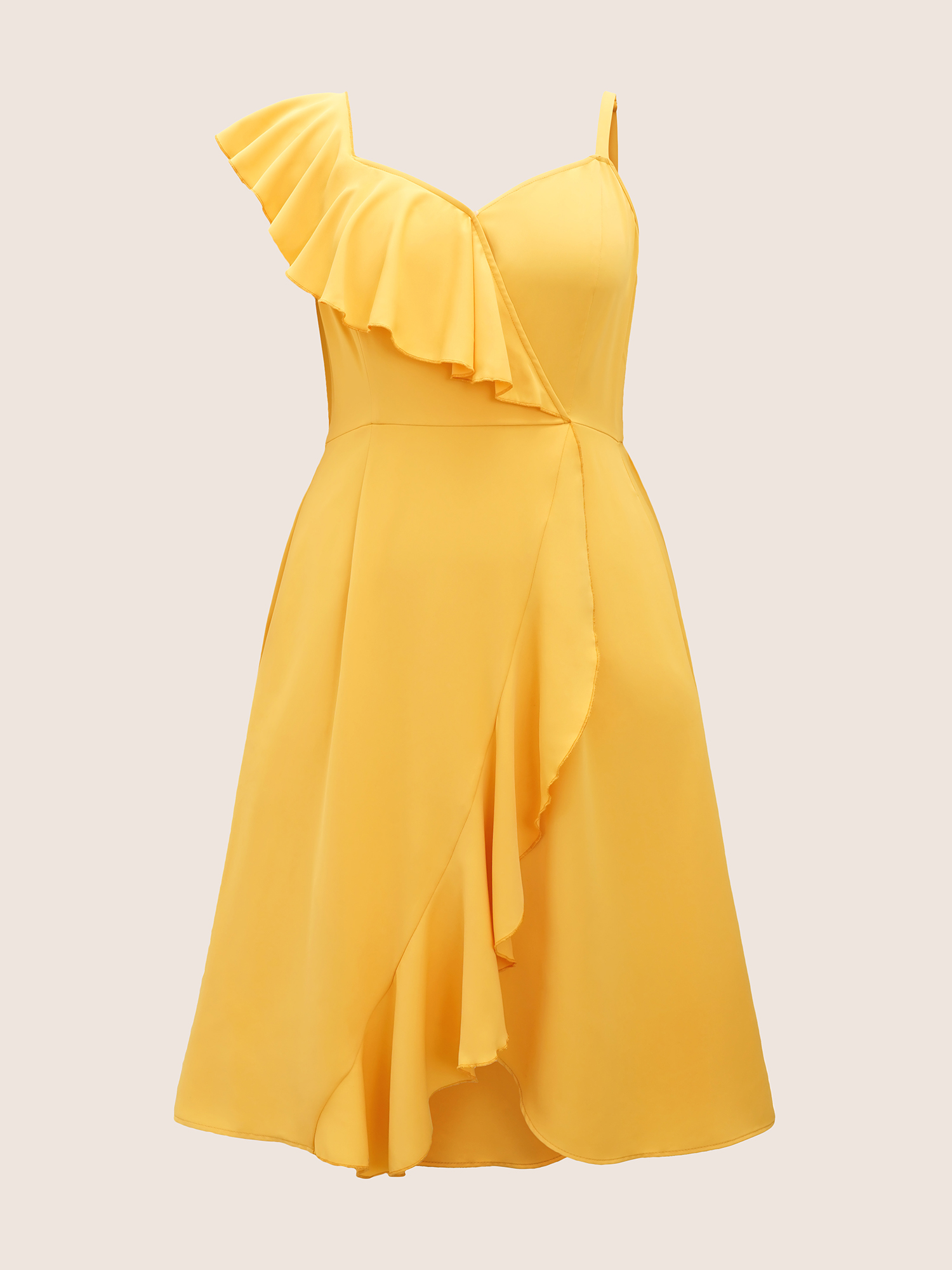 Plus Size Citrus Solid Ruffle Trim Surplice Neck Dress Gold Women Elegant Overlapping V-neck Sleeveless Curvy Midi Dress BloomChic 30/6X 
