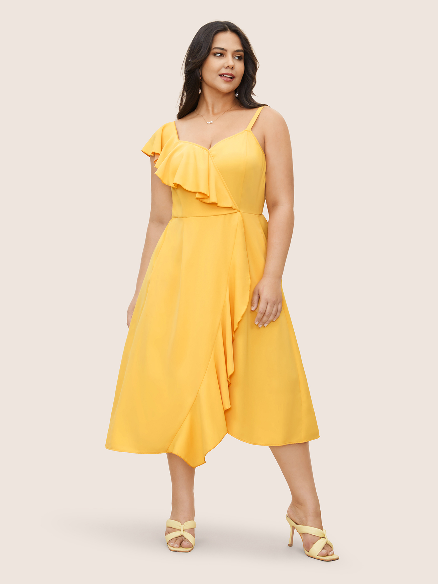 Plus Size Citrus Solid Ruffle Trim Surplice Neck Dress Gold Women Elegant Overlapping V-neck Sleeveless Curvy Midi Dress BloomChic 30/6X 