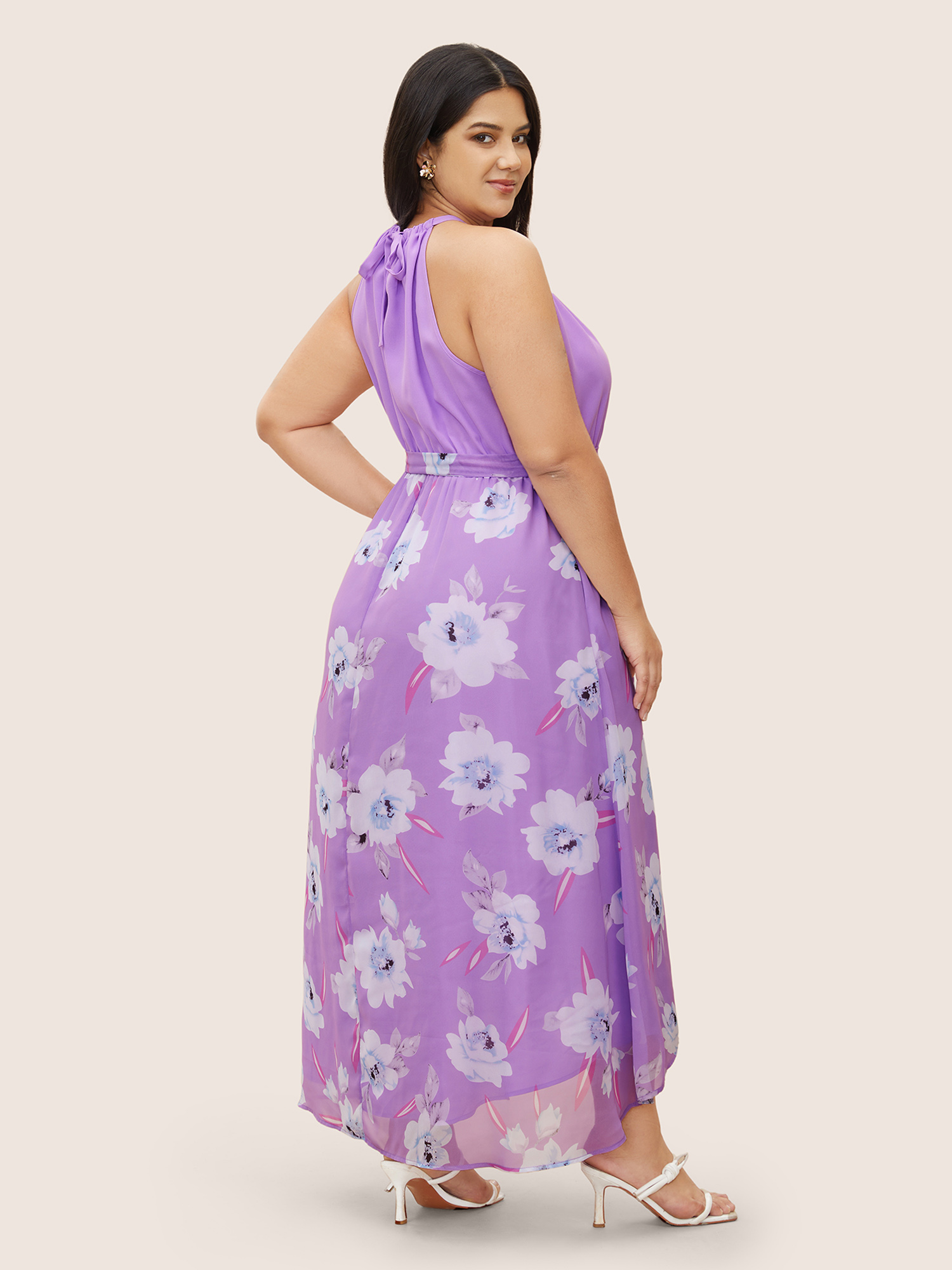 

Plus Size Floral Patchwork Halter Ties High Low Hem Dress Lilac Women Elegant Non Halter neck Sleeveless Curvy Midi Dress BloomChic