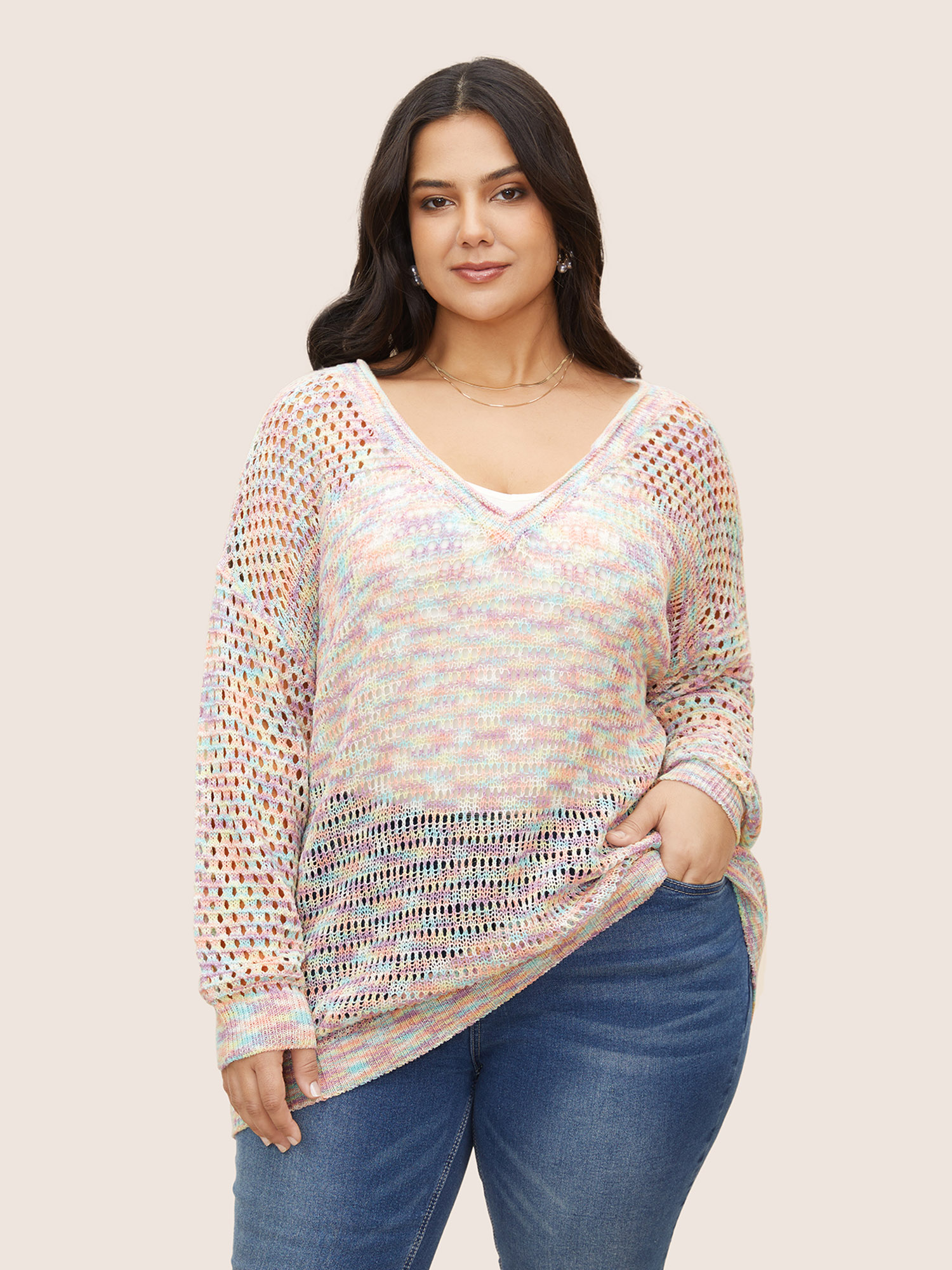 

Plus Size Ombre Heather Cut Out Drop Shoulder Sleeve Sweater T-shirt Multicolor Long Sleeve Deep V-neck Resort Knit Tops  Bloomchic