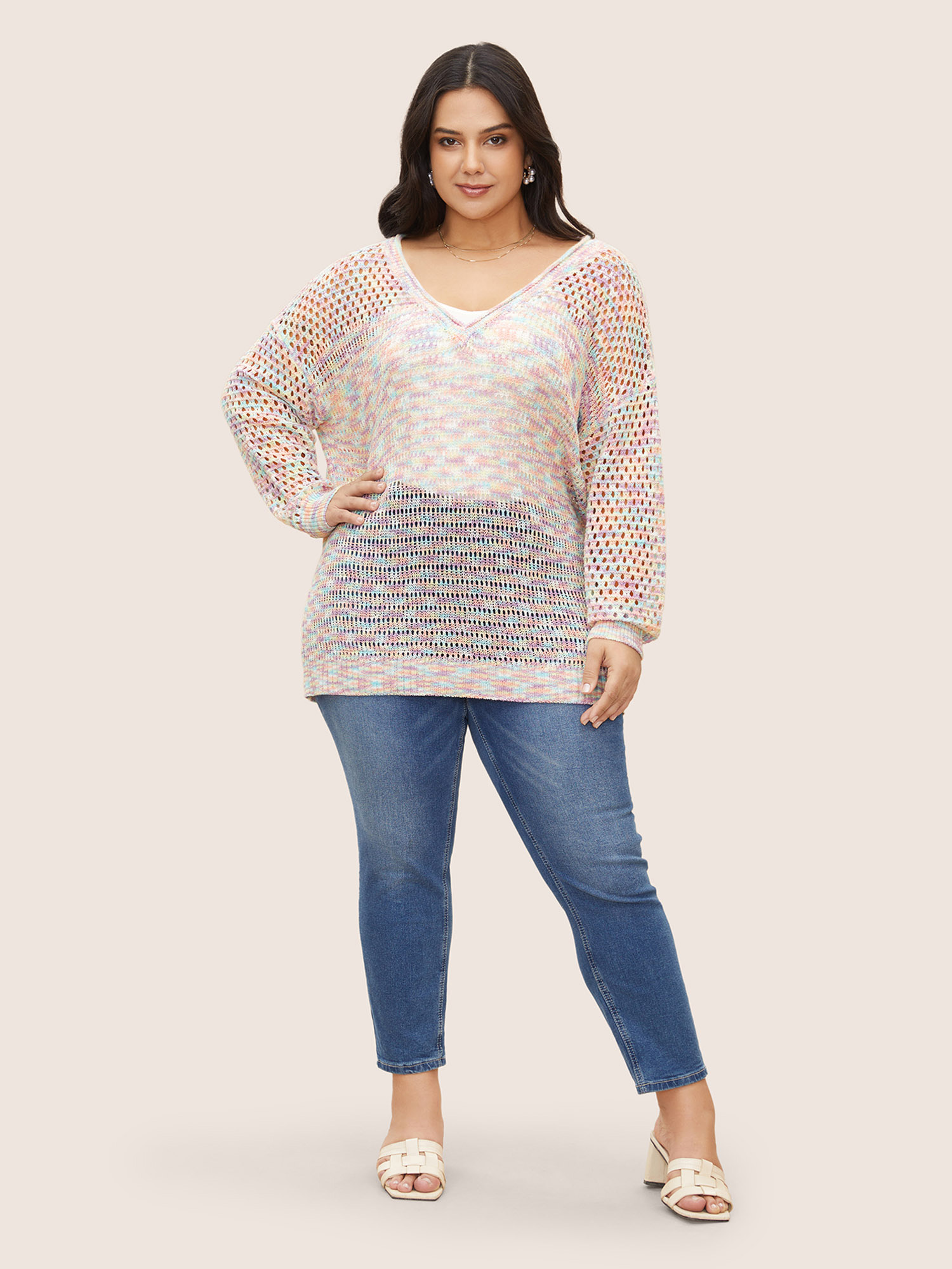 Plus Size Ombre Heather Cut Out Drop Shoulder Sleeve Sweater T-shirt Multicolor Long Sleeve Deep V-neck Resort Knit Tops 22-24/3X Bloomchic 
