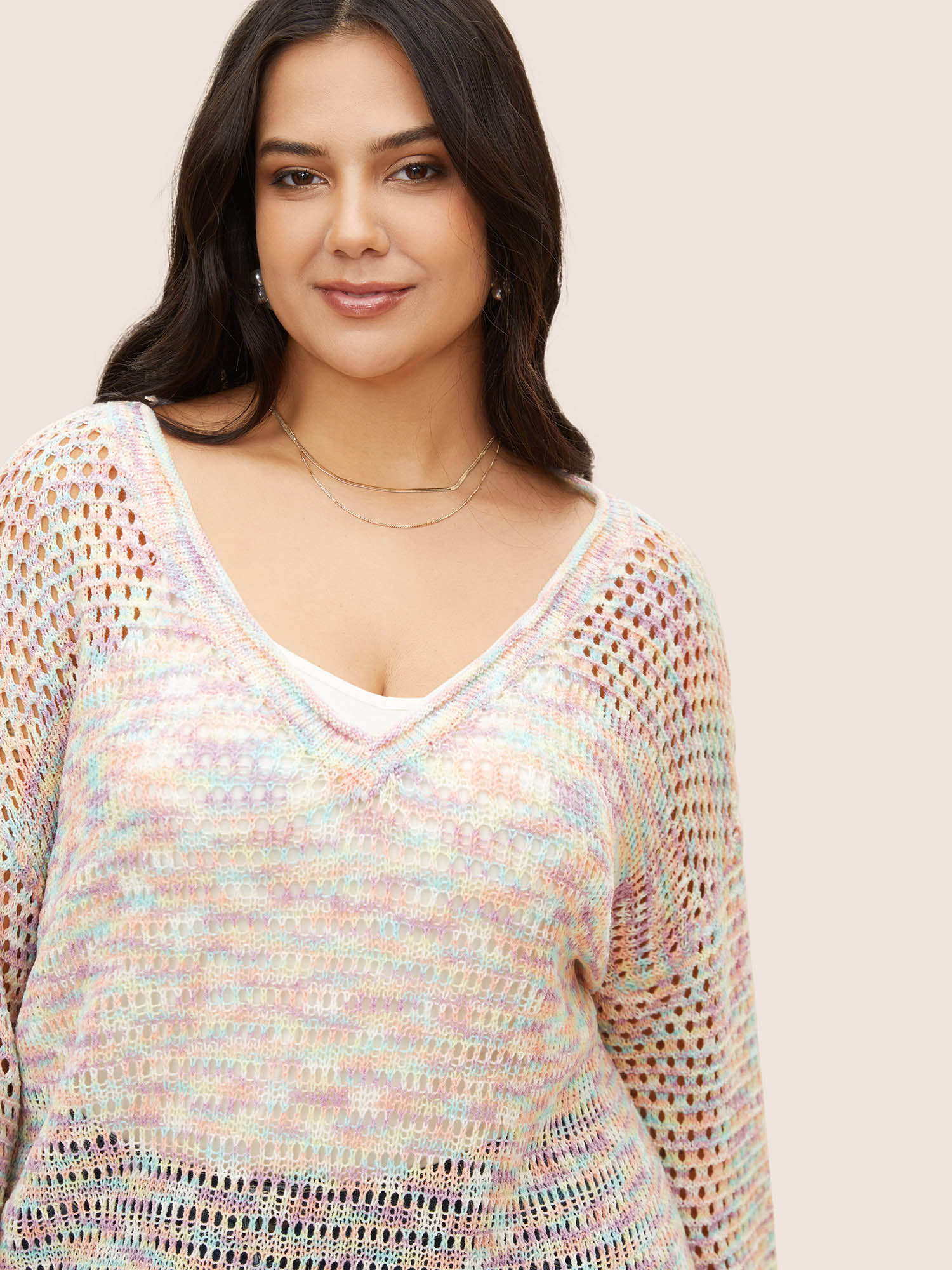 Plus Size Ombre Heather Cut Out Drop Shoulder Sleeve Sweater T-shirt Multicolor Long Sleeve Deep V-neck Resort Knit Tops 22-24/3X Bloomchic 