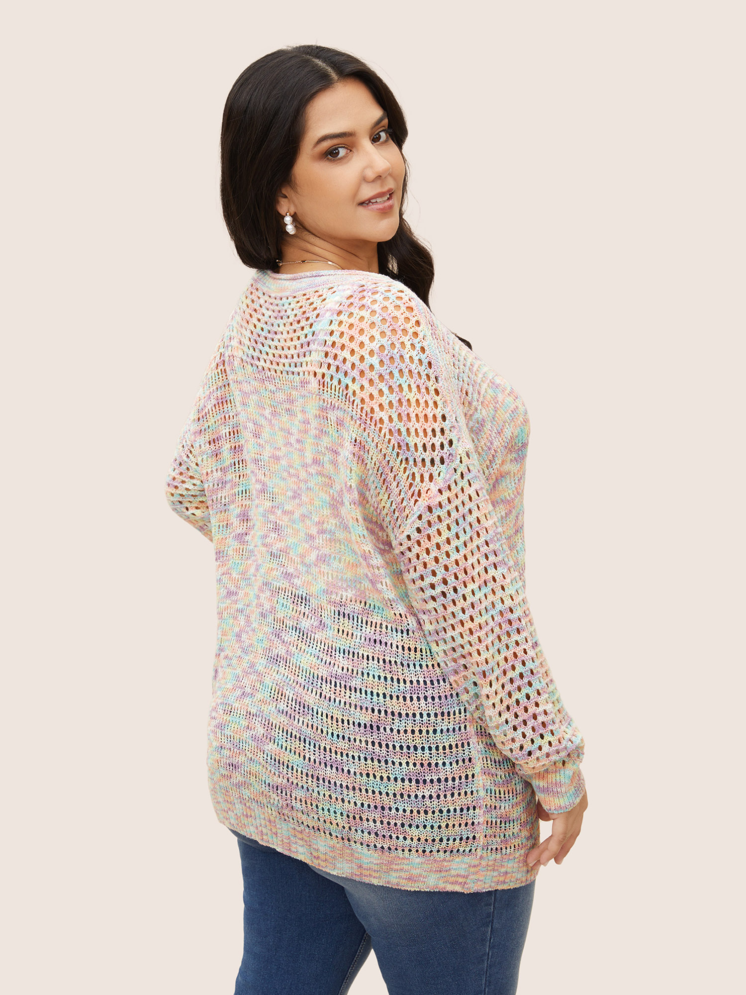 Plus Size Ombre Heather Cut Out Drop Shoulder Sleeve Sweater T-shirt Multicolor Long Sleeve Deep V-neck Resort Knit Tops 22-24/3X Bloomchic 