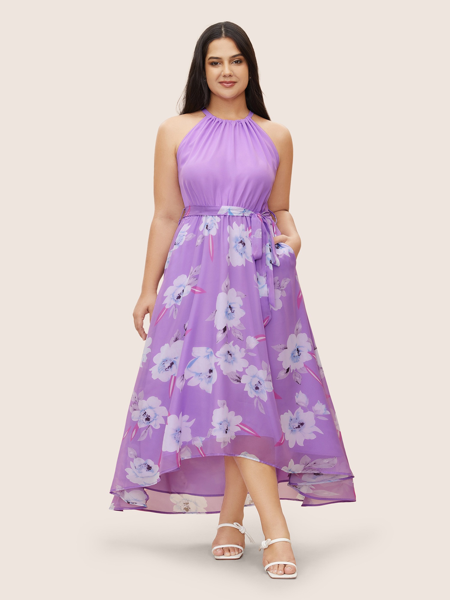 

Plus Size Floral Patchwork Halter Ties High Low Hem Dress Lilac Women Elegant Non Halter neck Sleeveless Curvy Midi Dress BloomChic