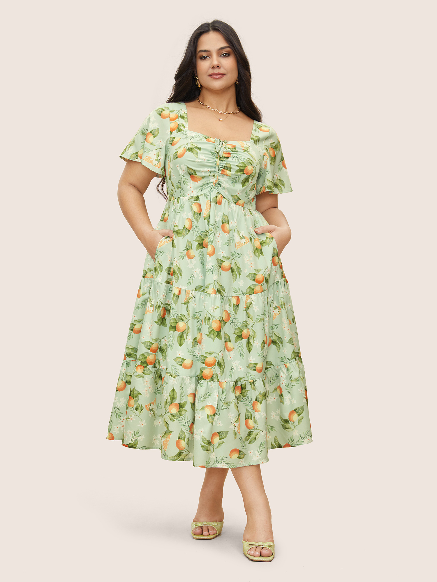 

Plus Size Citrus Orange Print Heart Neckline Drawstring Gathered Dress Sage Women Elegant Gathered Heart neckline Short sleeve Curvy Midi Dress BloomChic