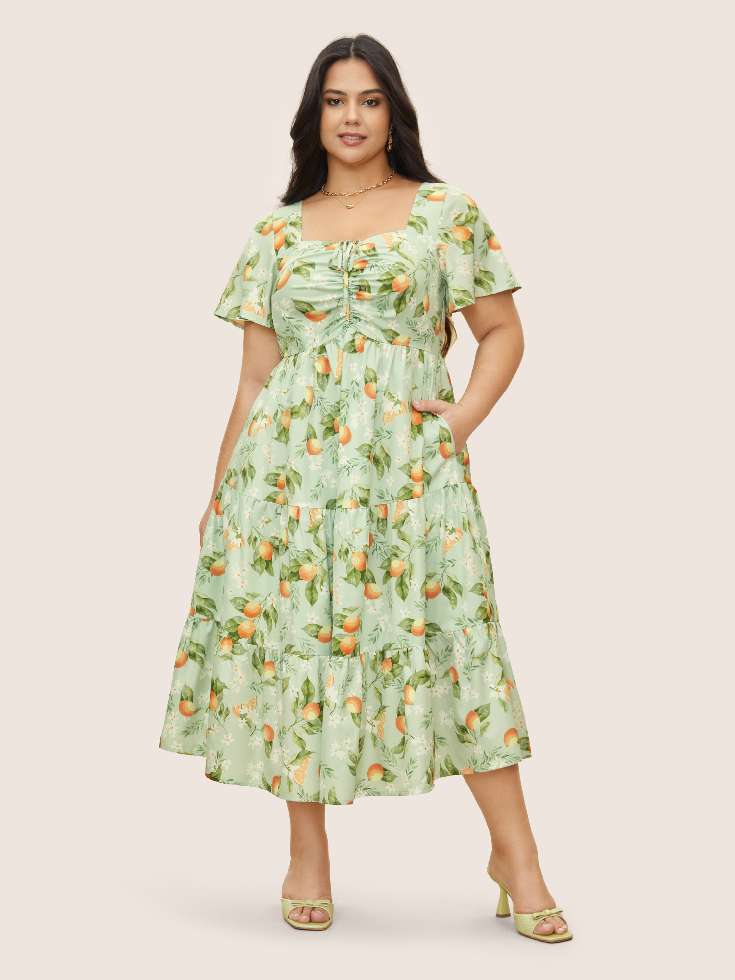 

Plus Size Citrus Orange Print Heart Neckline Drawstring Gathered Dress Sage Women Elegant Gathered Heart neckline Short sleeve Curvy Midi Dress BloomChic