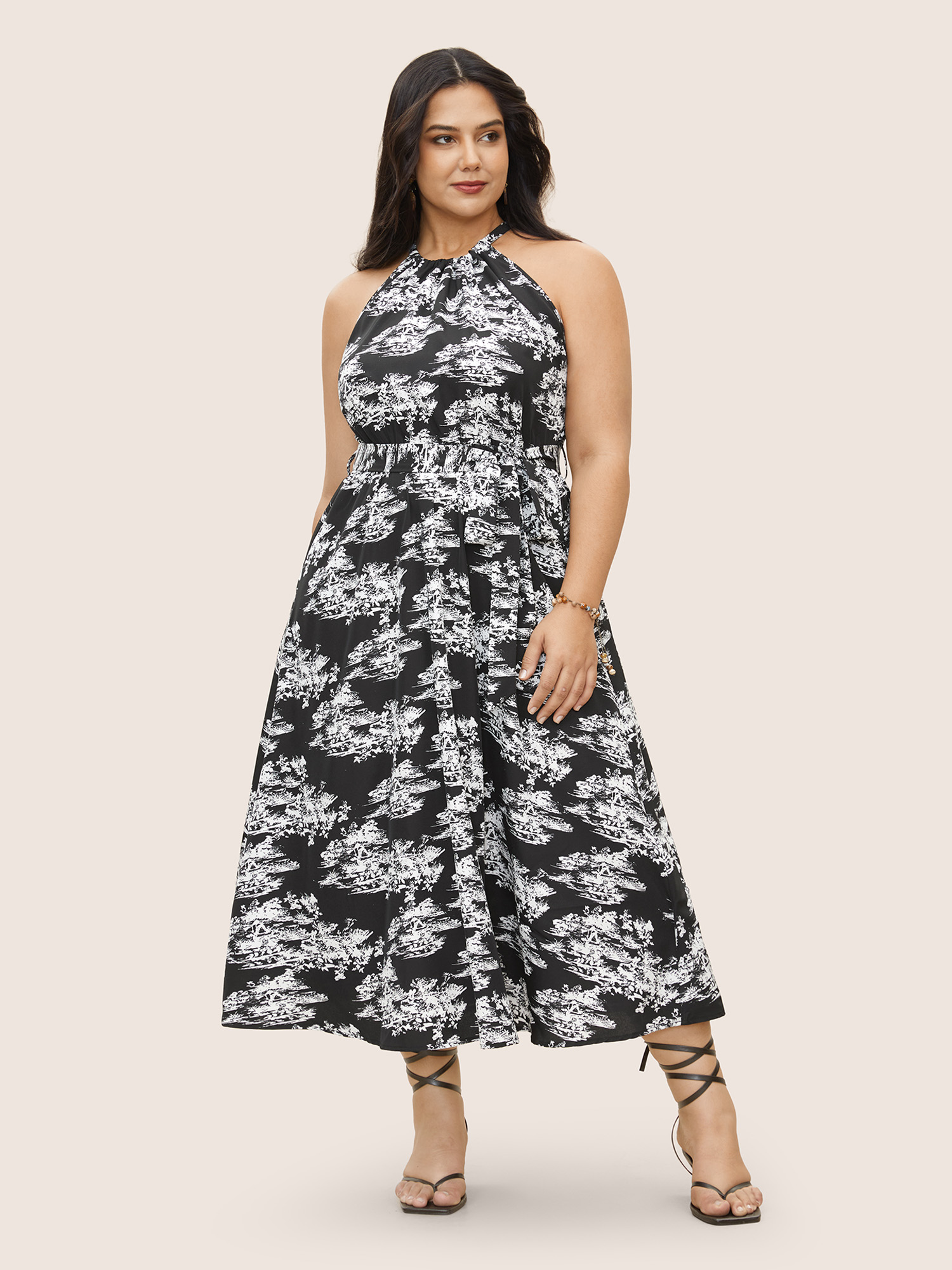 

Plus Size Plants Halter Ties Belted Gathered Dress Black Women Elegant Non Halter neck Sleeveless Curvy Midi Dress BloomChic