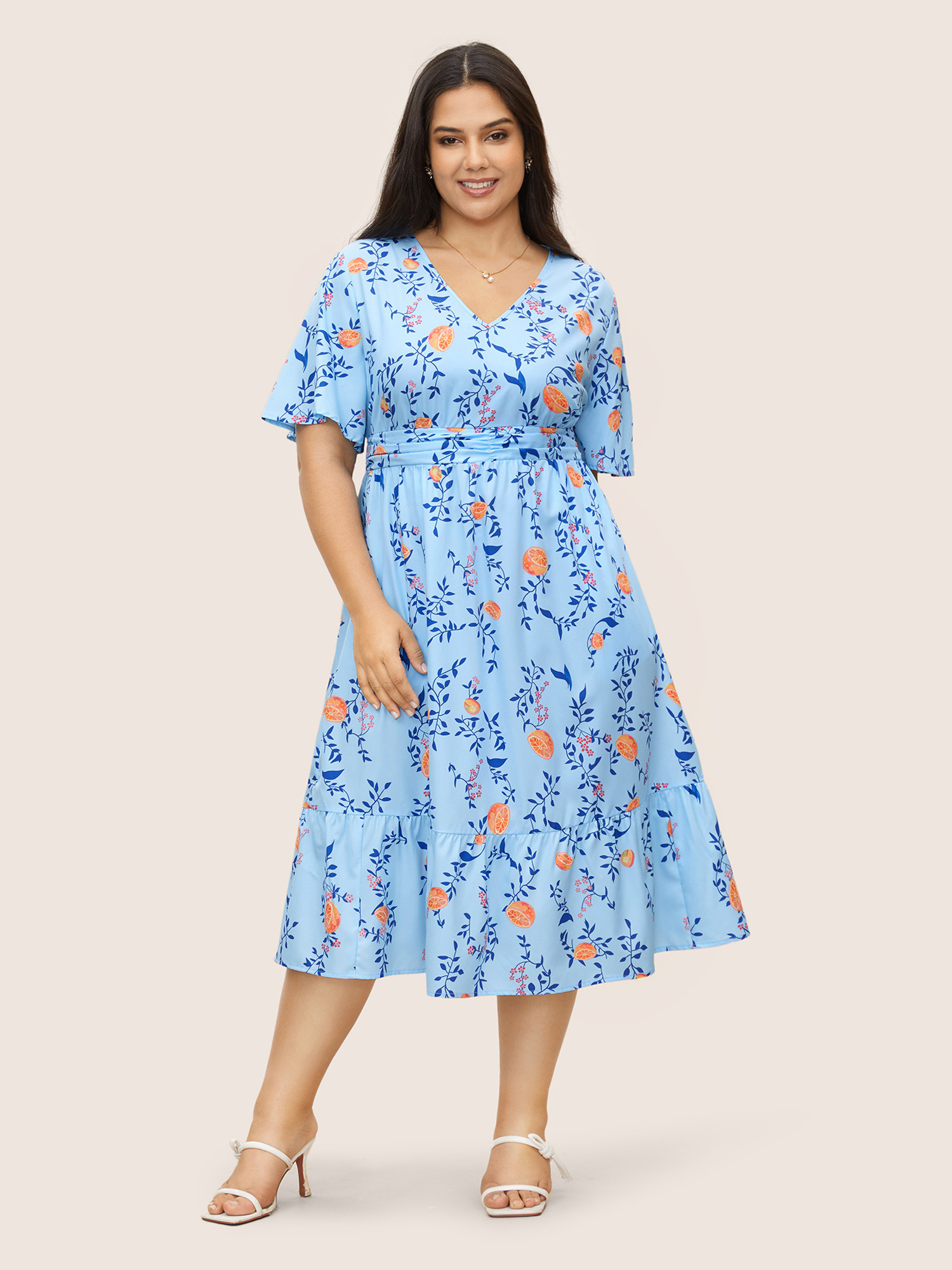 

Plus Size Citrus Orange Print Ruched Ruffle Sleeve Dress LightBlue Women Elegant Gathered V-neck Short sleeve Curvy BloomChic