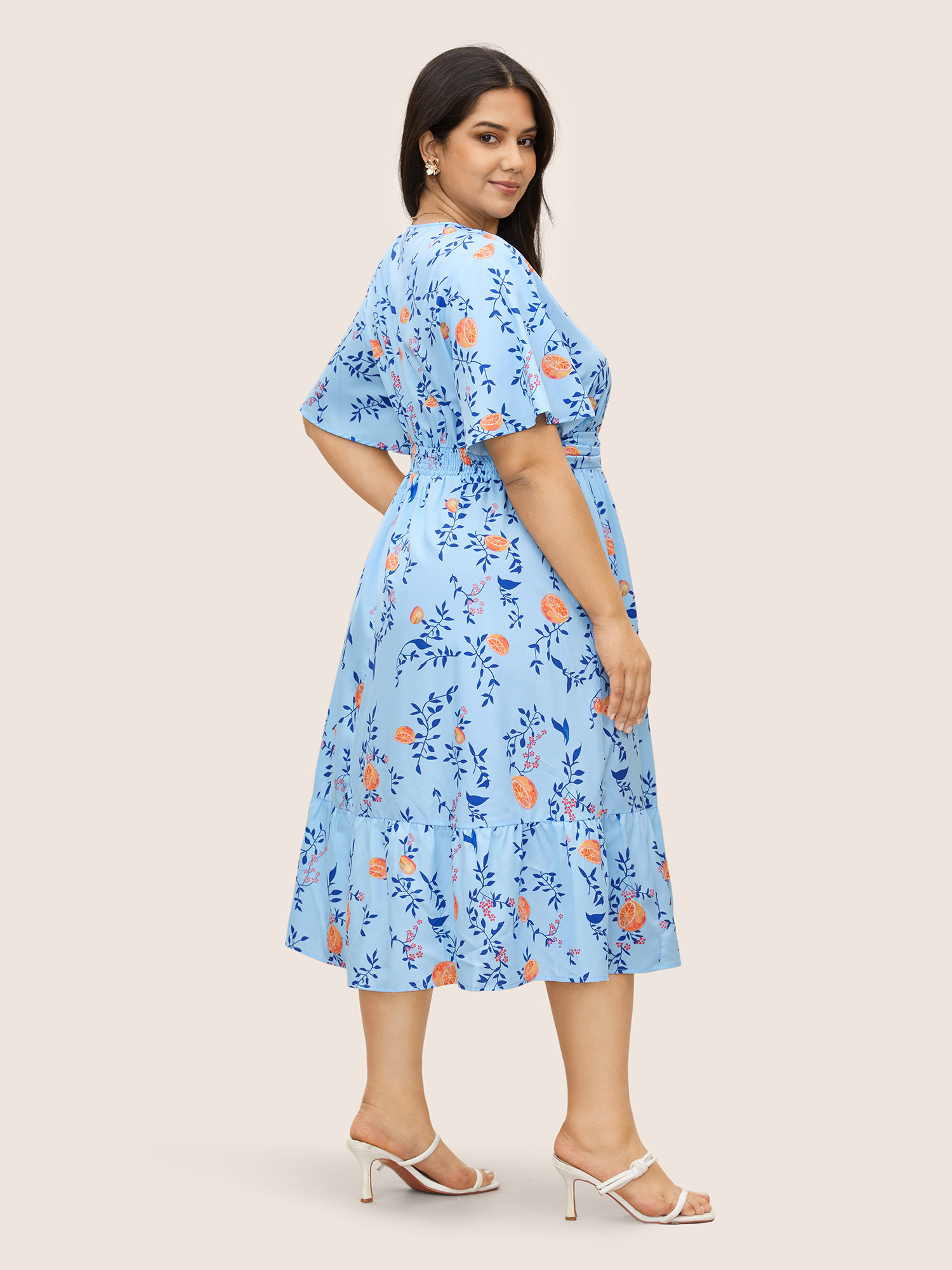 

Plus Size Citrus Orange Print Ruched Ruffle Sleeve Dress LightBlue Women Elegant Gathered V-neck Short sleeve Curvy BloomChic