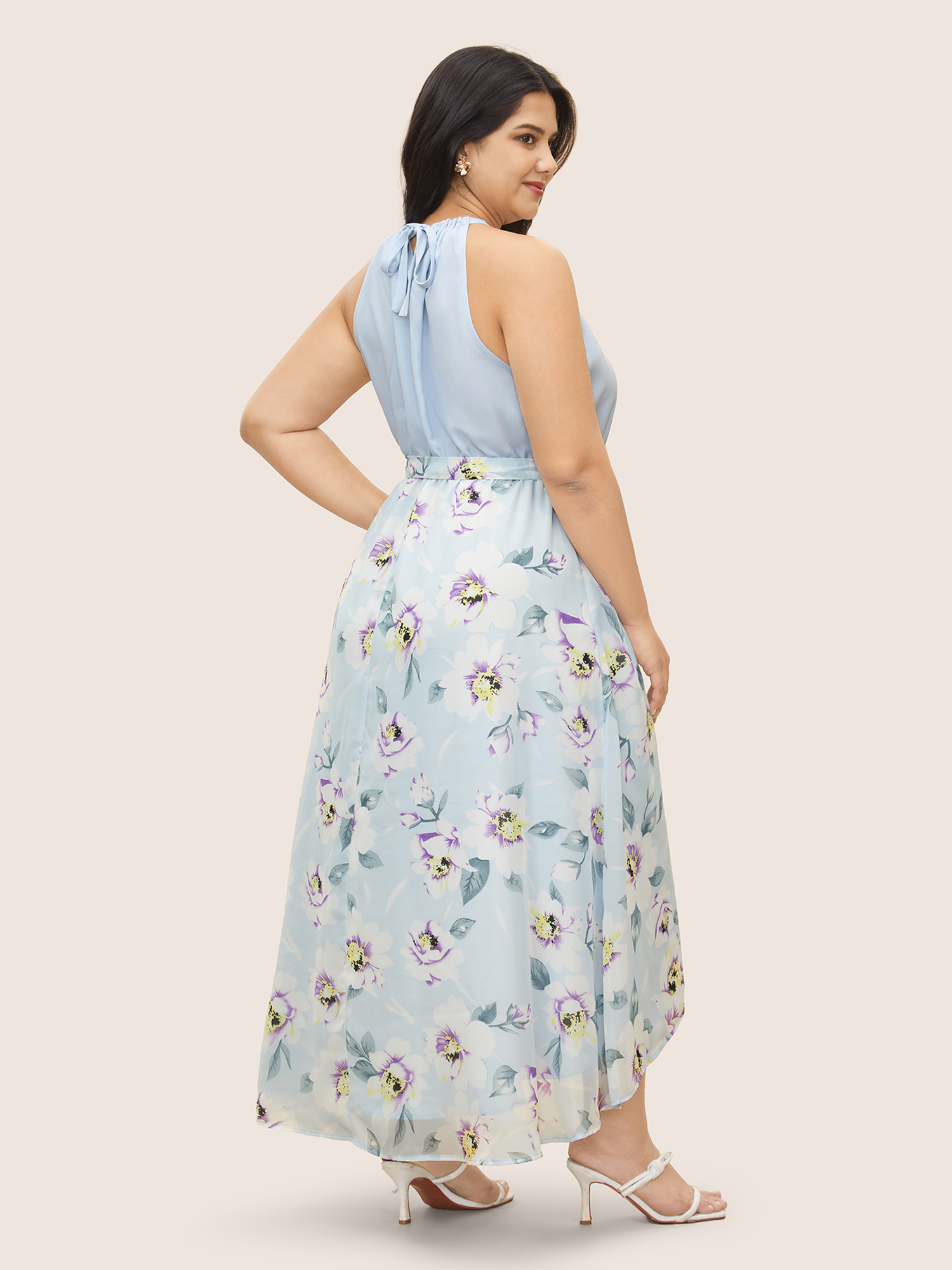 

Plus Size Floral Patchwork Halter Ties High Low Hem Dress LightBlue Women Elegant Non Halter neck Sleeveless Curvy Midi Dress BloomChic