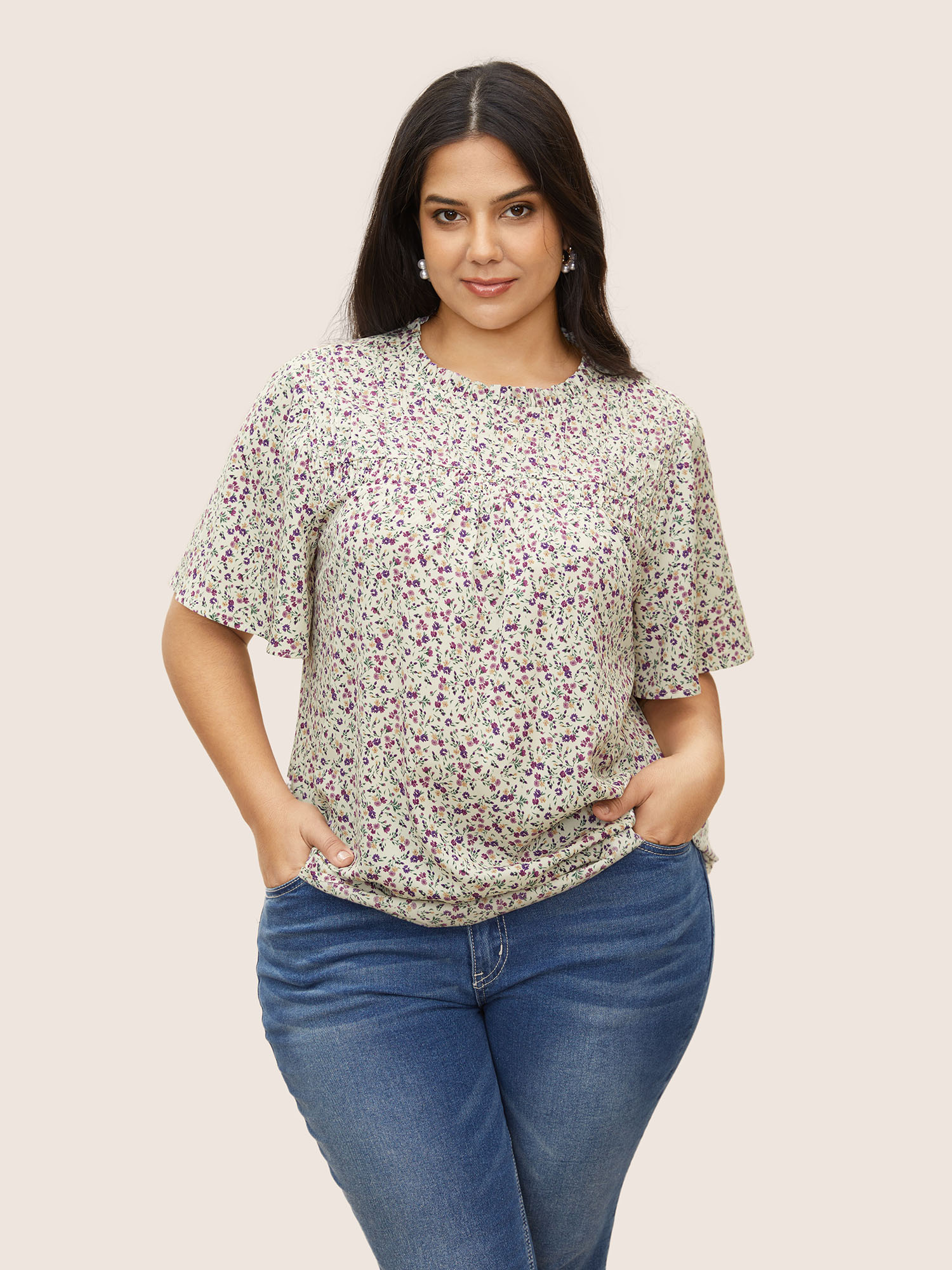 

Plus Size Purple Ditsy Floral Plicated Detail Frill Trim Blouse Women Elegant Short sleeve Round Neck Everyday Blouses BloomChic