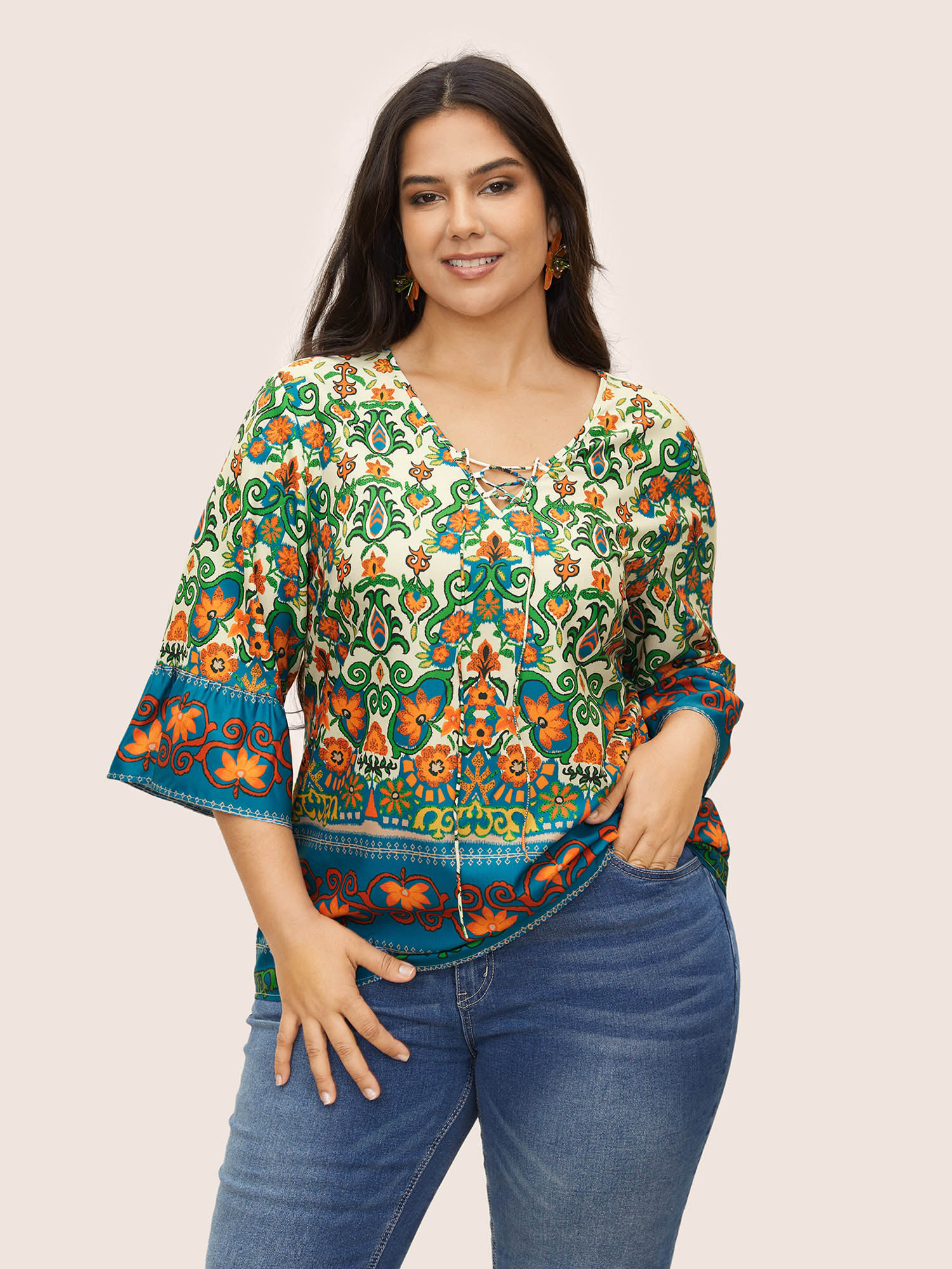 

Plus Size DarkBlue Boho Print Lace Up Bell Sleeve Blouse Women Resort Half Sleeve V-neck Vacation Blouses BloomChic