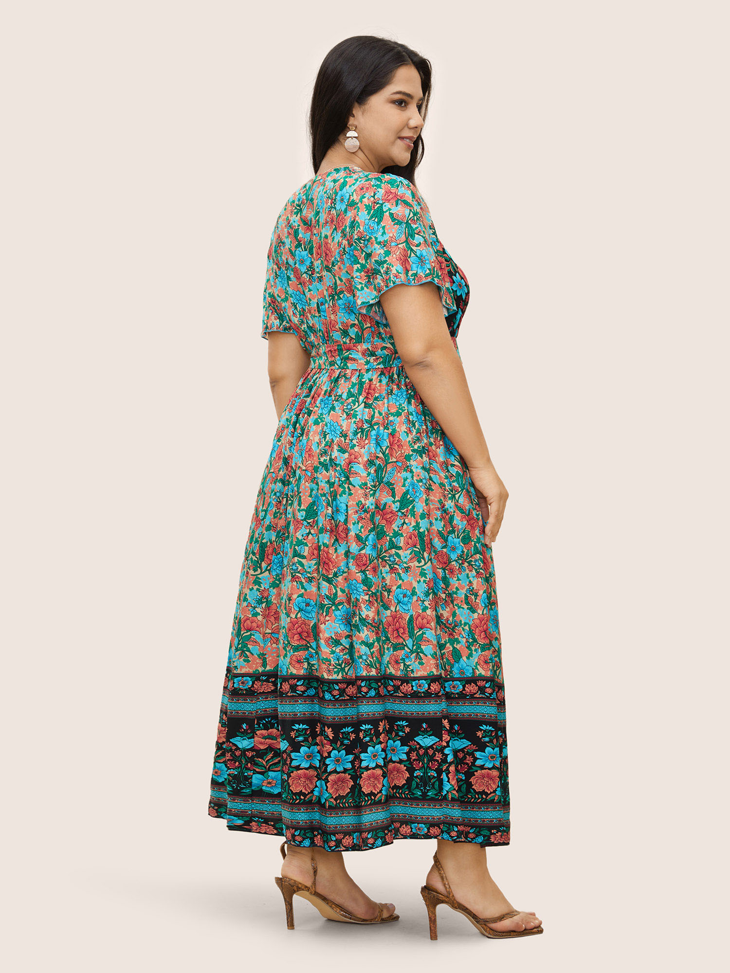 Plus Size Bandana Surplice Neck Pocket Belted Flutter Hem Maxi Dress Multicolor Women Non V-neck Short sleeve Curvy Long Dress BloomChic 18-20/2X 
