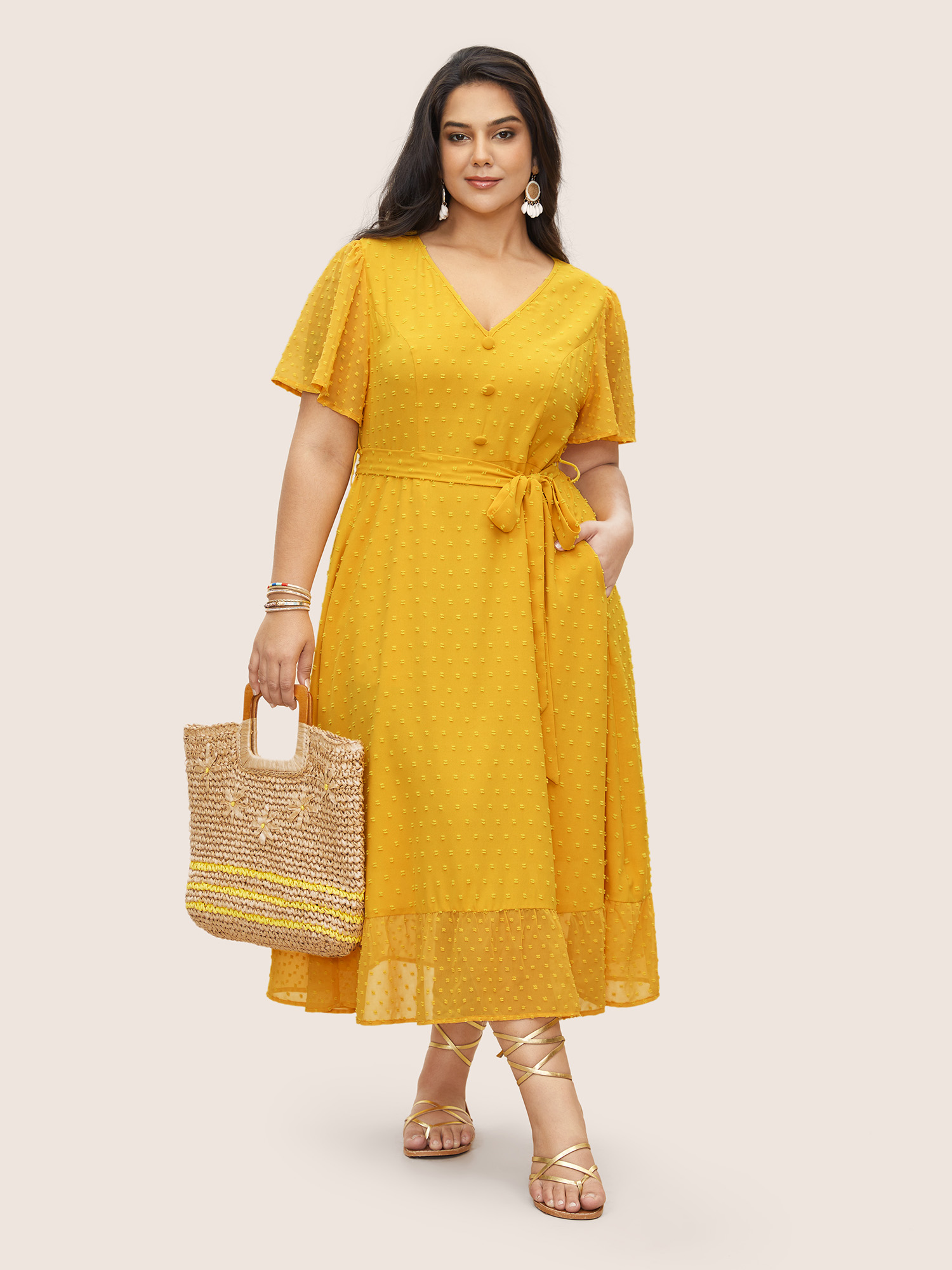 

Plus Size Citrus Texture Ruffle Sleeve Button Detail Dress Yellow Women Texture Curvy Midi Dress BloomChic