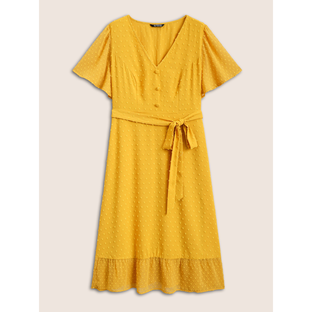 

Plus Size Citrus Texture Ruffle Sleeve Button Detail Dress Yellow Women Texture Curvy Midi Dress BloomChic