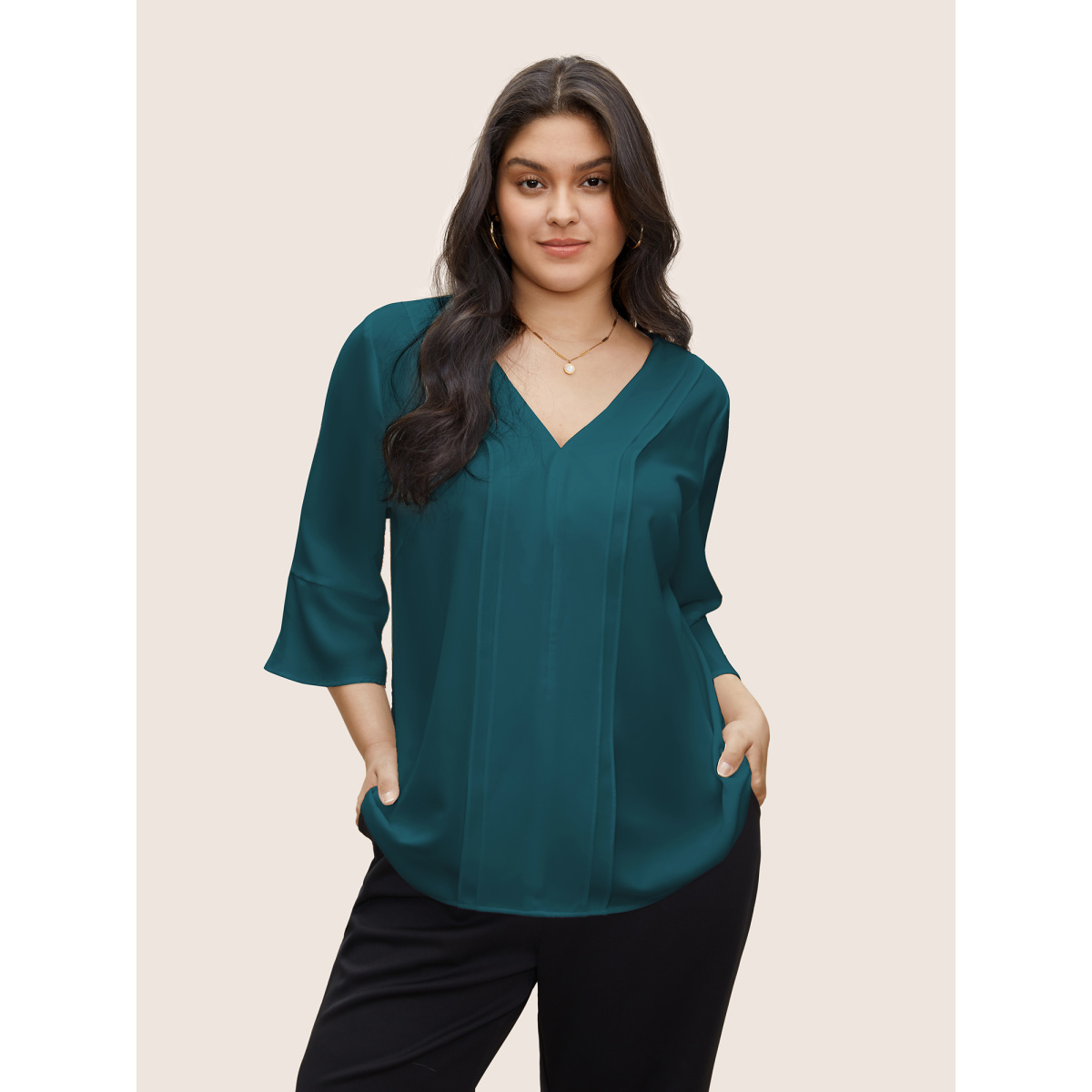 

Plus Size Cyan Anti-Wrinkle Plain Ruffles Pleated Blouse Women Work From Home Elbow-length sleeve V-neck Work Blouses BloomChic