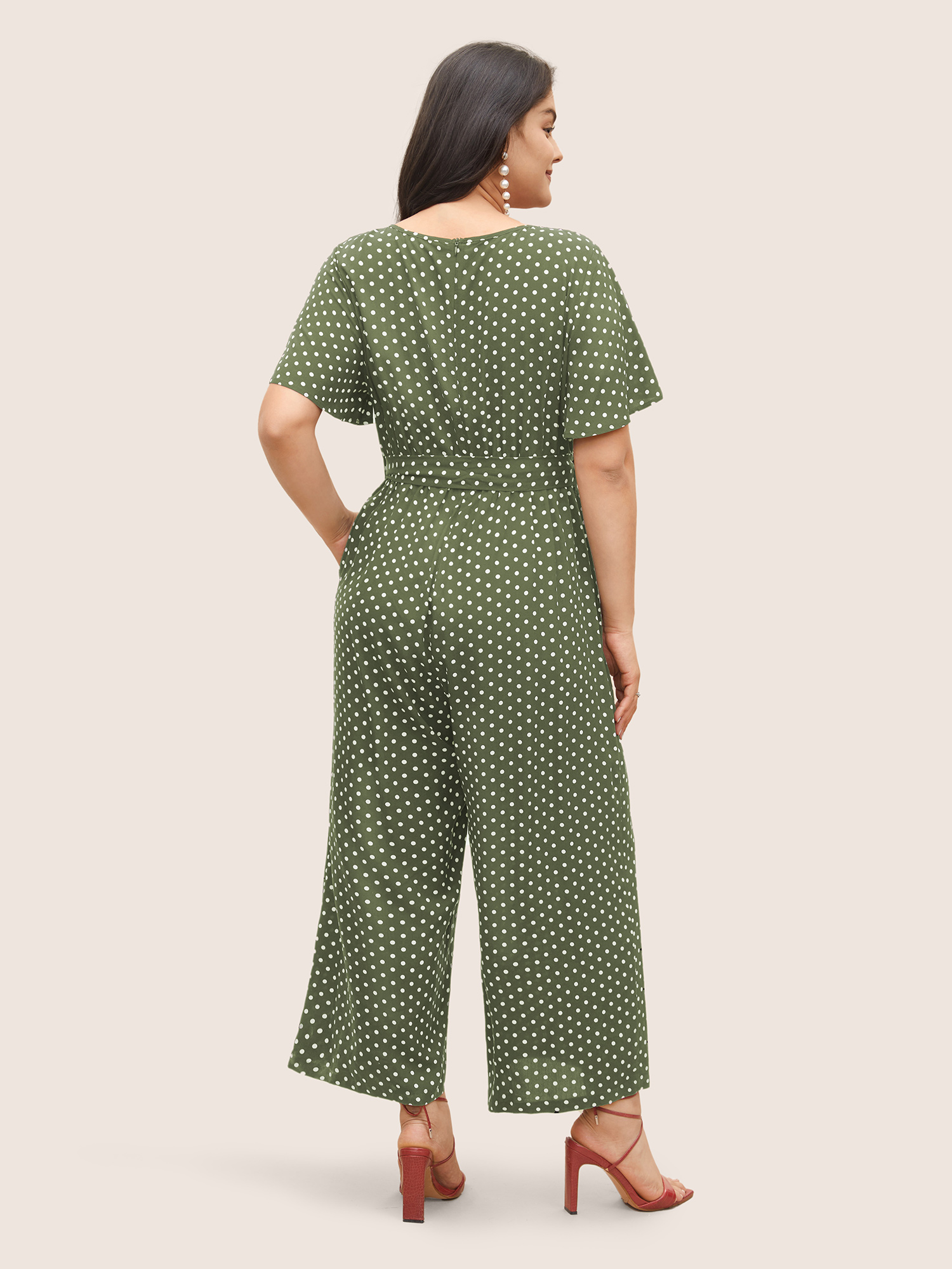 

Plus Size Sage Polka Dot Cut Out Zipper Belted Jumpsuit Women Elegant Short sleeve Notched collar Everyday Loose Jumpsuits BloomChic