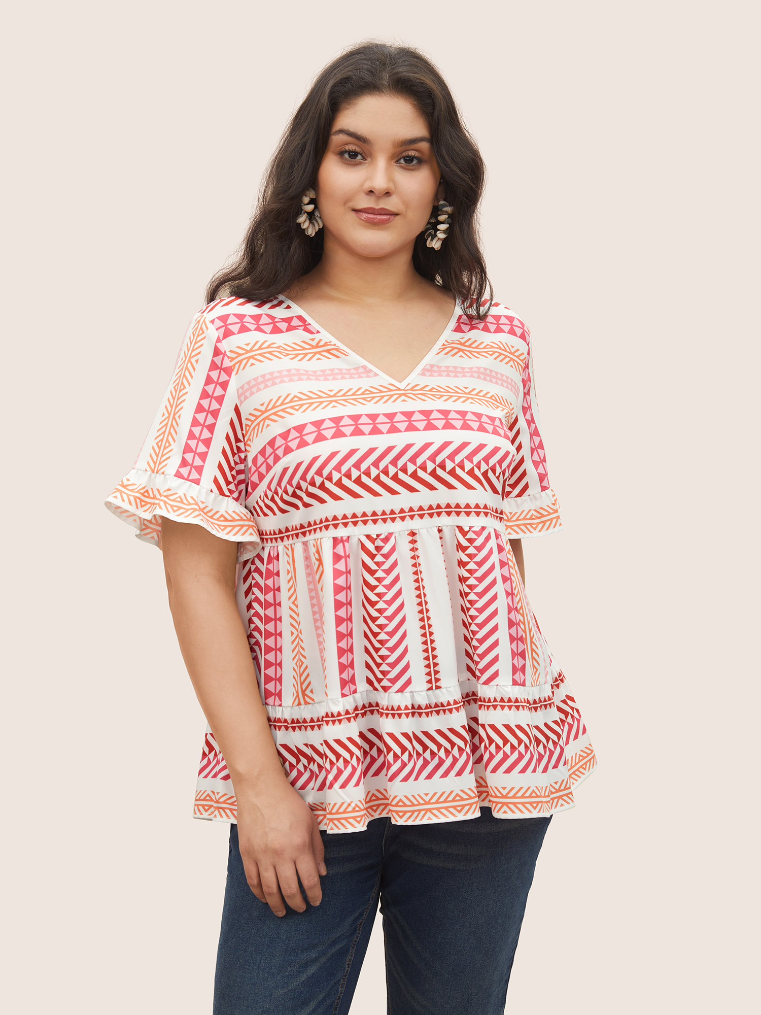 

Plus Size White V Neck Geometric Patchwork Ruffles Blouse Women Resort Half Sleeve V-neck Vacation Blouses BloomChic