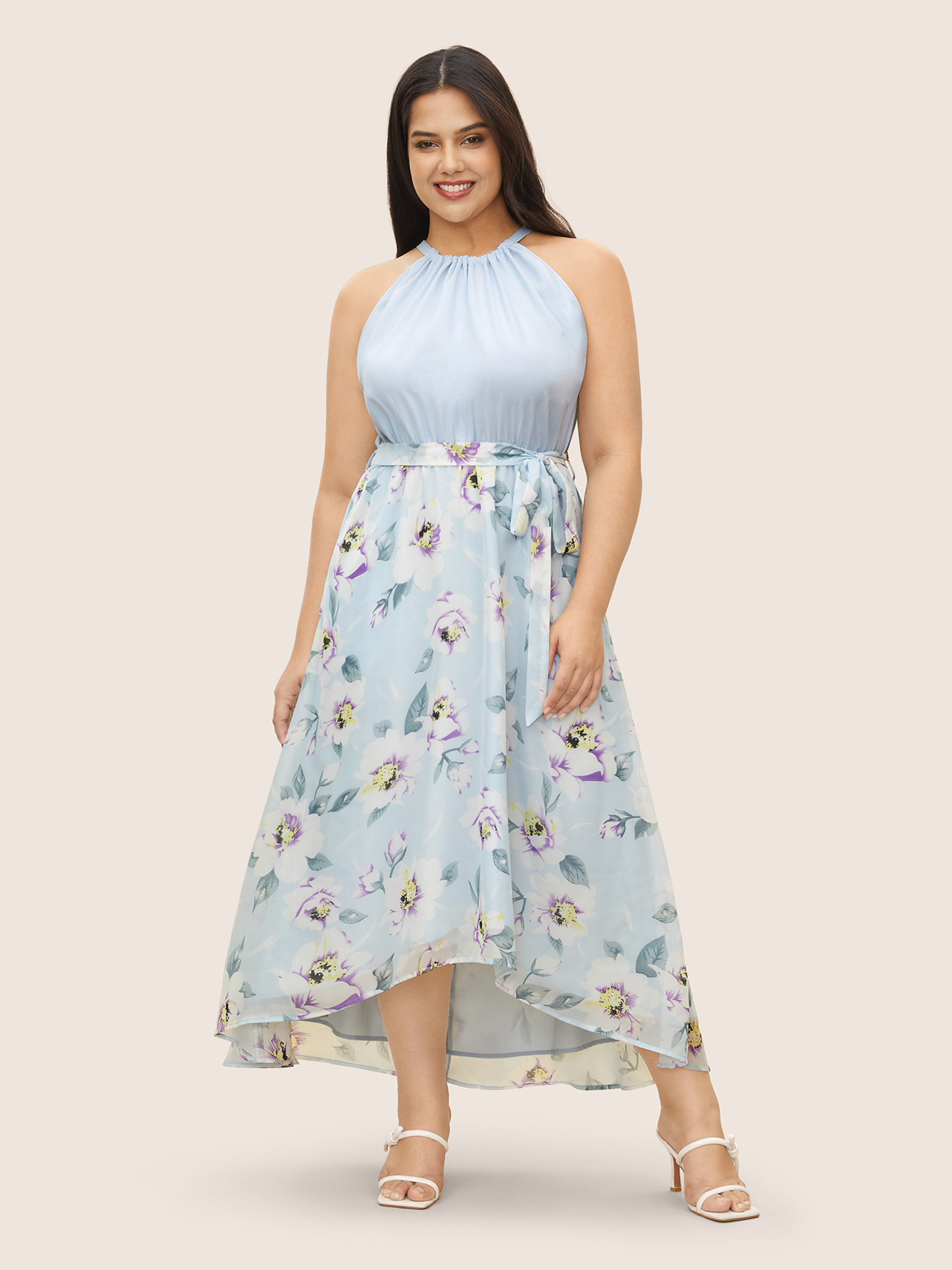 

Plus Size Floral Patchwork Halter Ties High Low Hem Dress LightBlue Women Elegant Non Halter neck Sleeveless Curvy Midi Dress BloomChic