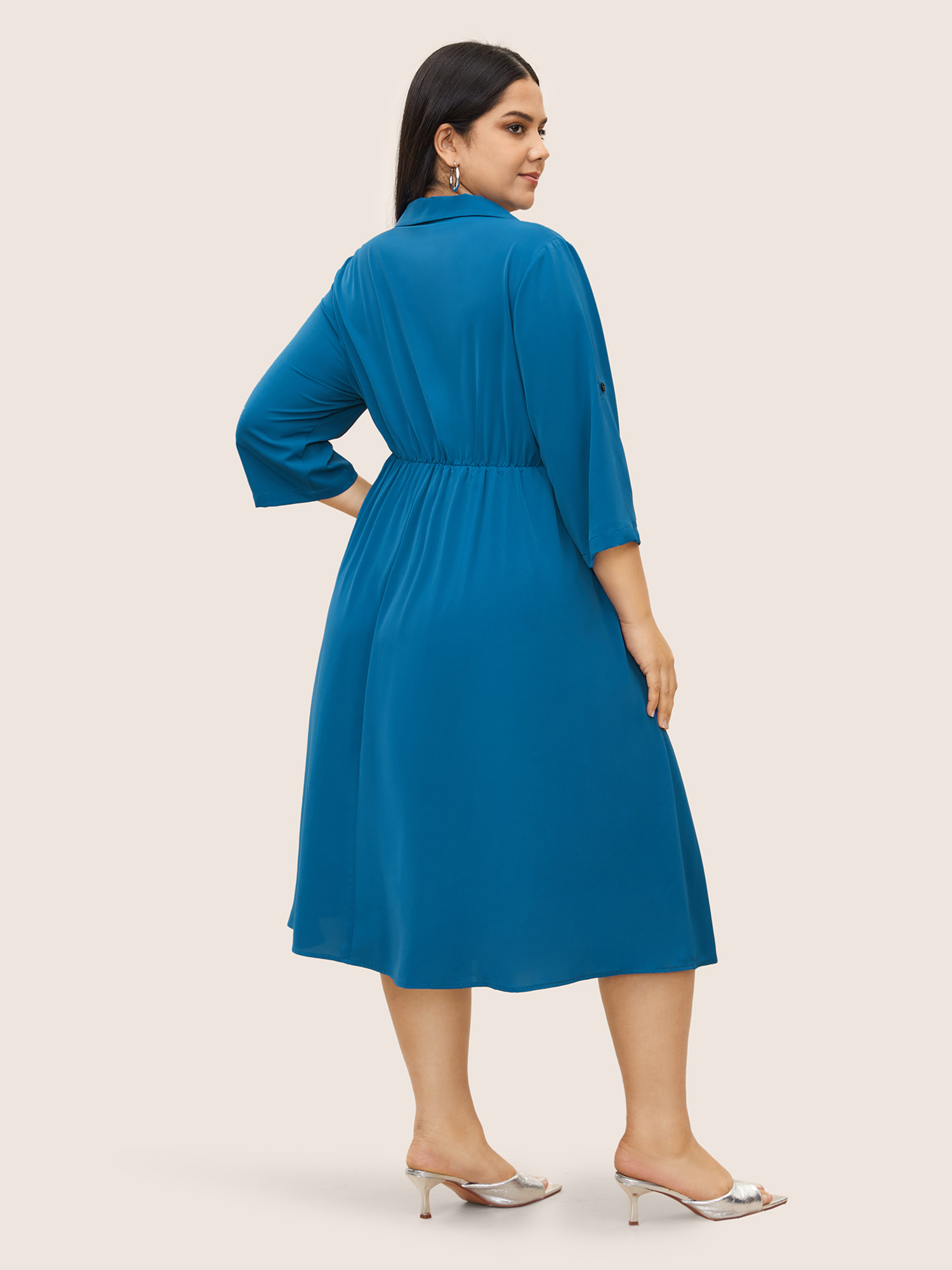 

Plus Size Plain Wrap Pleated Button Cuff Sleeve Dress Aegean Women Overlapping Curvy Midi Dress BloomChic