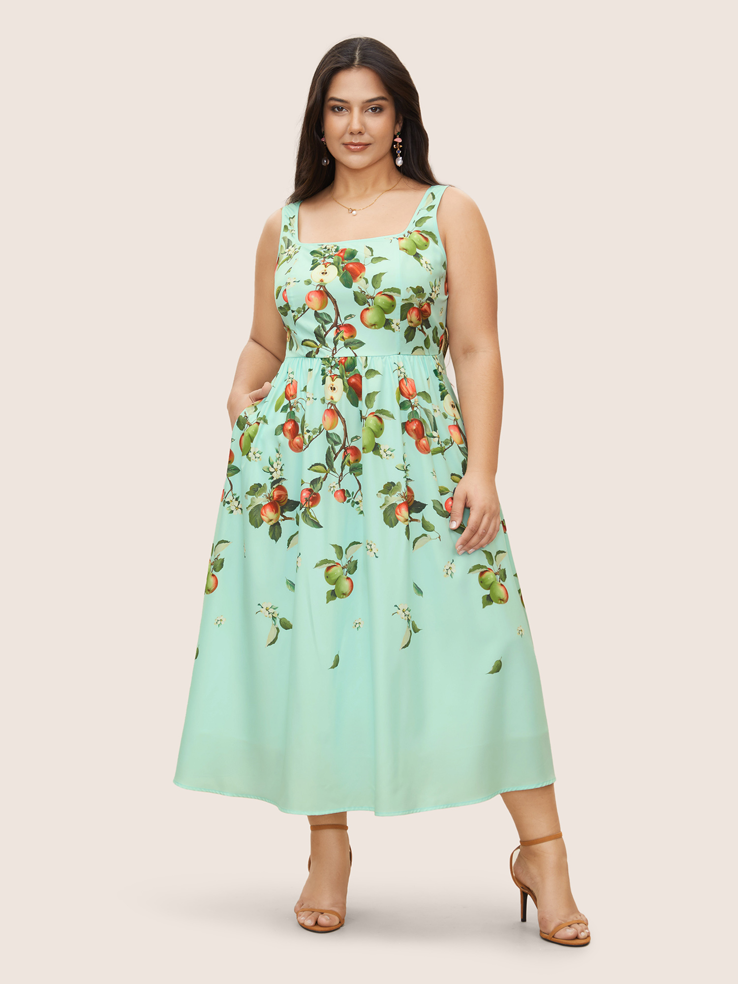 

Plus Size Citrus Fruit Print Square Neck Elastic Waist Dress LightGreen Women Elegant Gathered Square Neck Sleeveless Curvy BloomChic