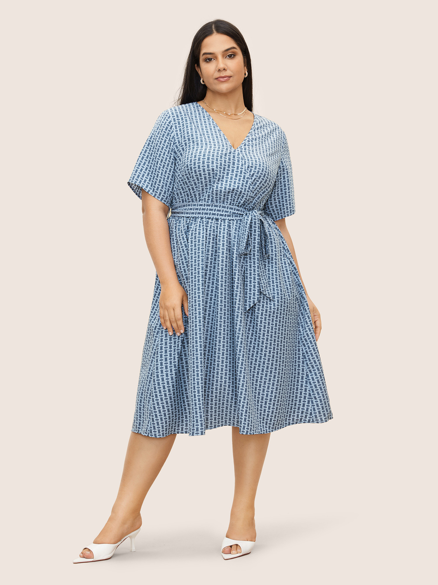 

Plus Size Geometric Overlap Collar Elastic Waist Belted Dress Blue Women Overlapping Overlap Collar Half Sleeve Curvy Midi Dress BloomChic