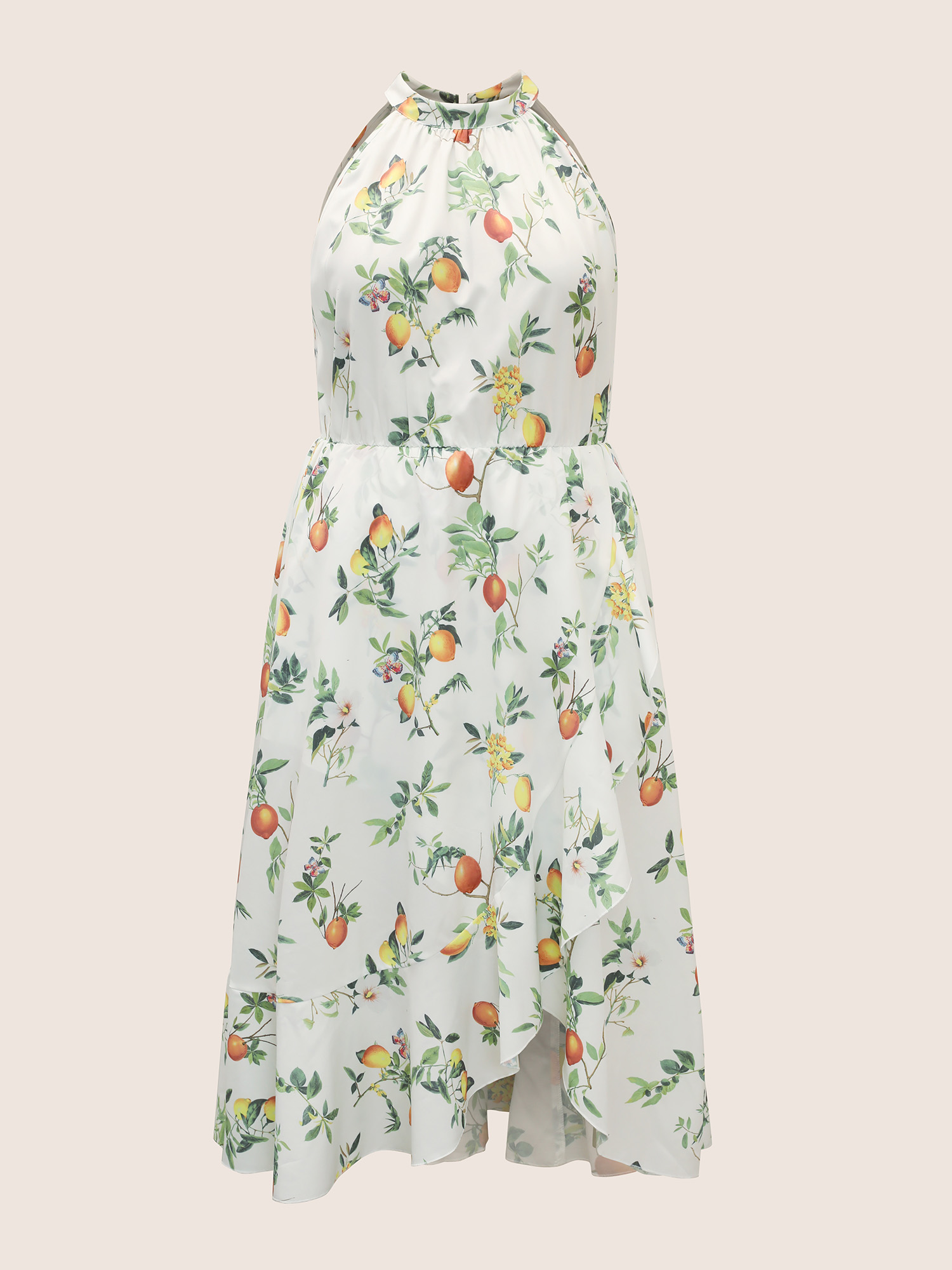 

Plus Size Citrus Lemon Print Elastic Waist Halter Neck Dress Ivory Women Elegant Non Halter neck Sleeveless Curvy Midi Dress BloomChic