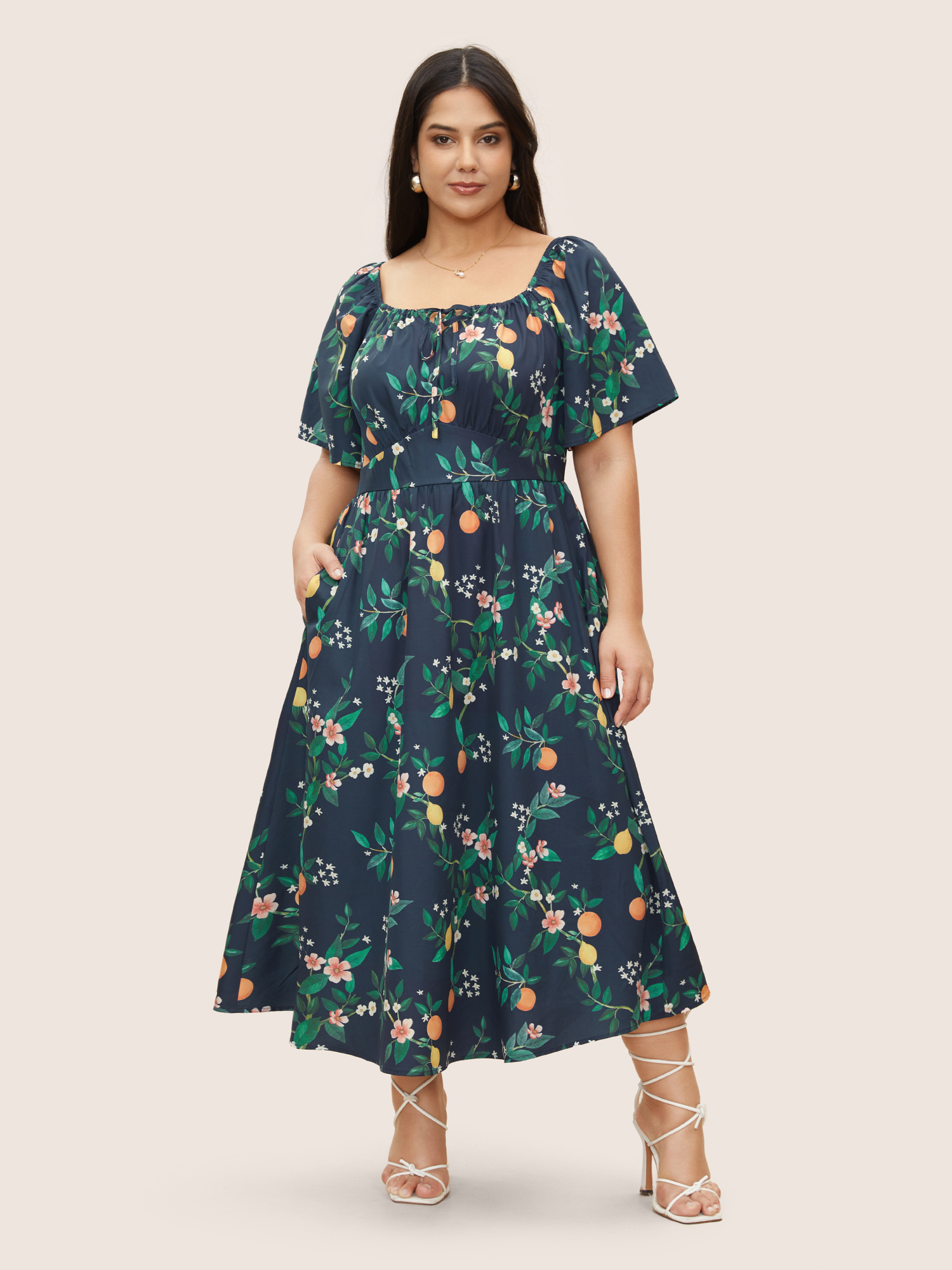 

Plus Size Citrus Orange Print Square Neck Gathered Drawstring Dress Navy Women Elegant Tie knot Square Neck Half Sleeve Curvy Midi Dress BloomChic