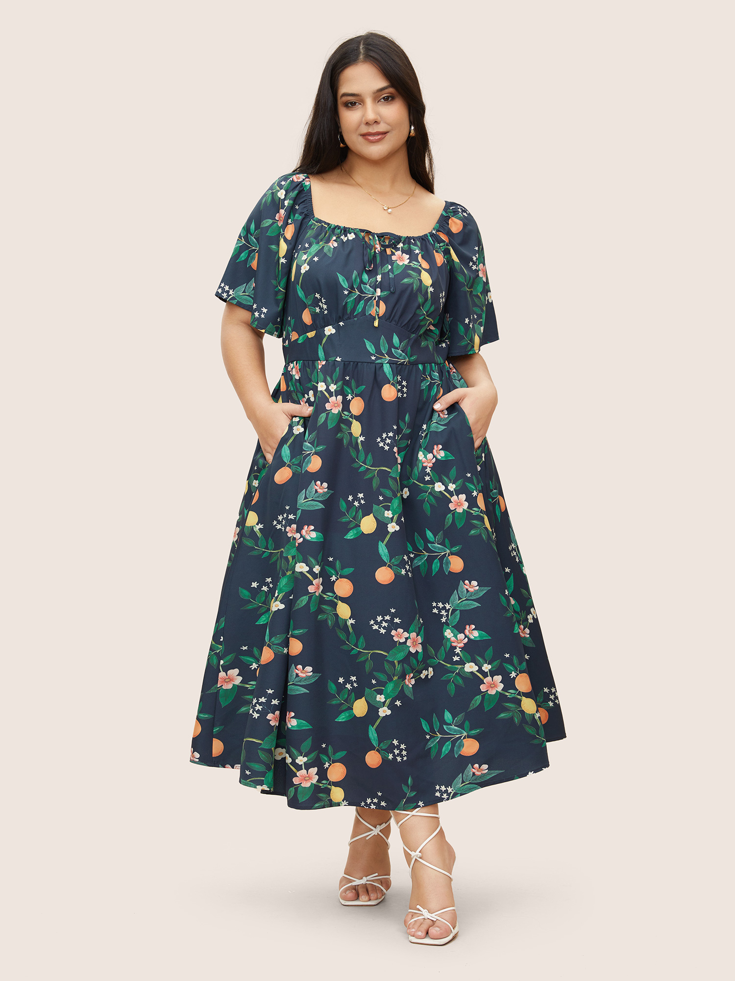 

Plus Size Citrus Orange Print Square Neck Gathered Drawstring Dress Navy Women Elegant Tie knot Square Neck Half Sleeve Curvy Midi Dress BloomChic