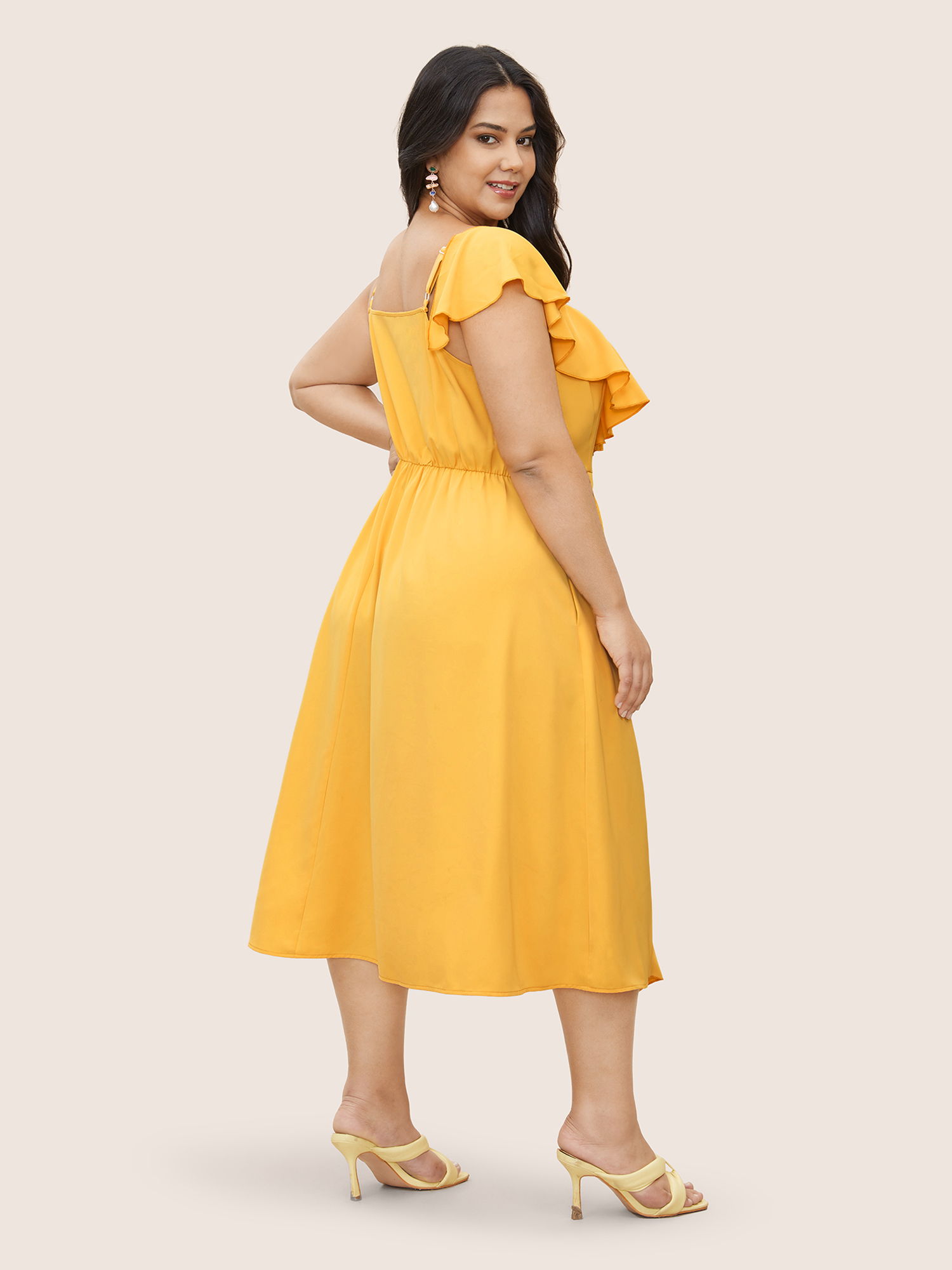 Plus Size Citrus Solid Ruffle Trim Surplice Neck Dress Gold Women Elegant Overlapping V-neck Sleeveless Curvy Midi Dress BloomChic 30/6X 