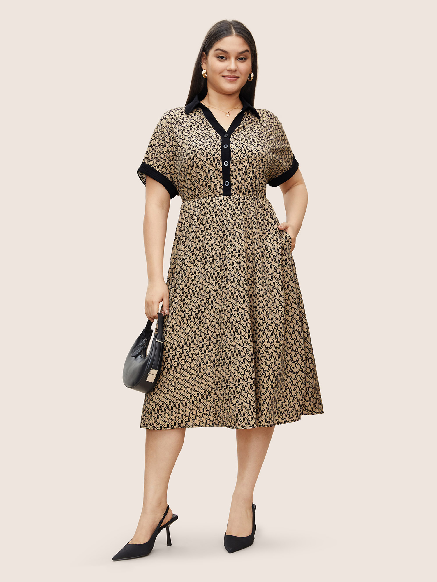 

Plus Size Geometric Patchwork Button Up Batwing Sleeve Dress Bronze Women Patchwork Curvy Midi Dress BloomChic