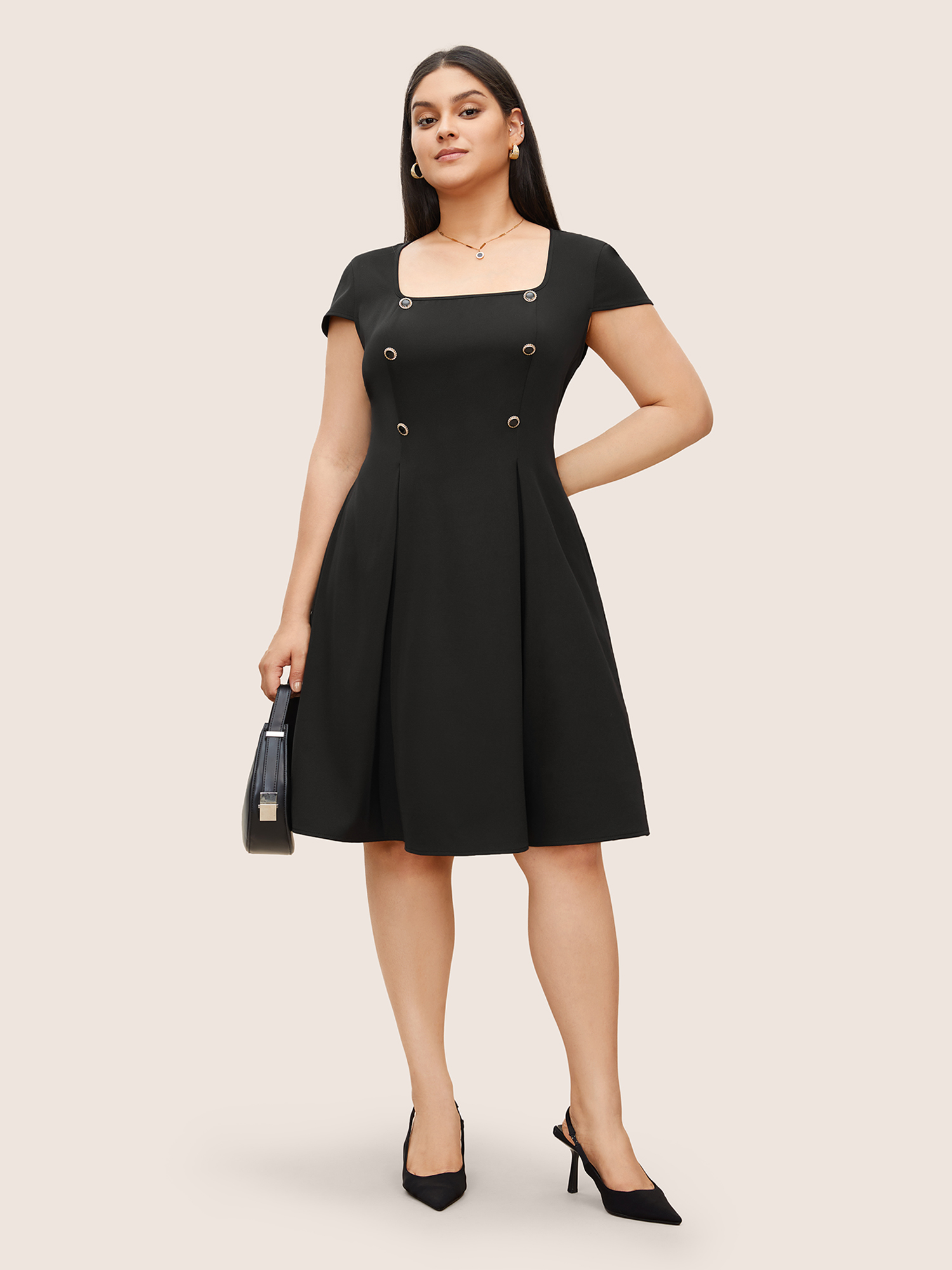 

Plus Size Solid Button Detail Pleated Cap Sleeve Dress Black Women Pleated Curvy Midi Dress BloomChic