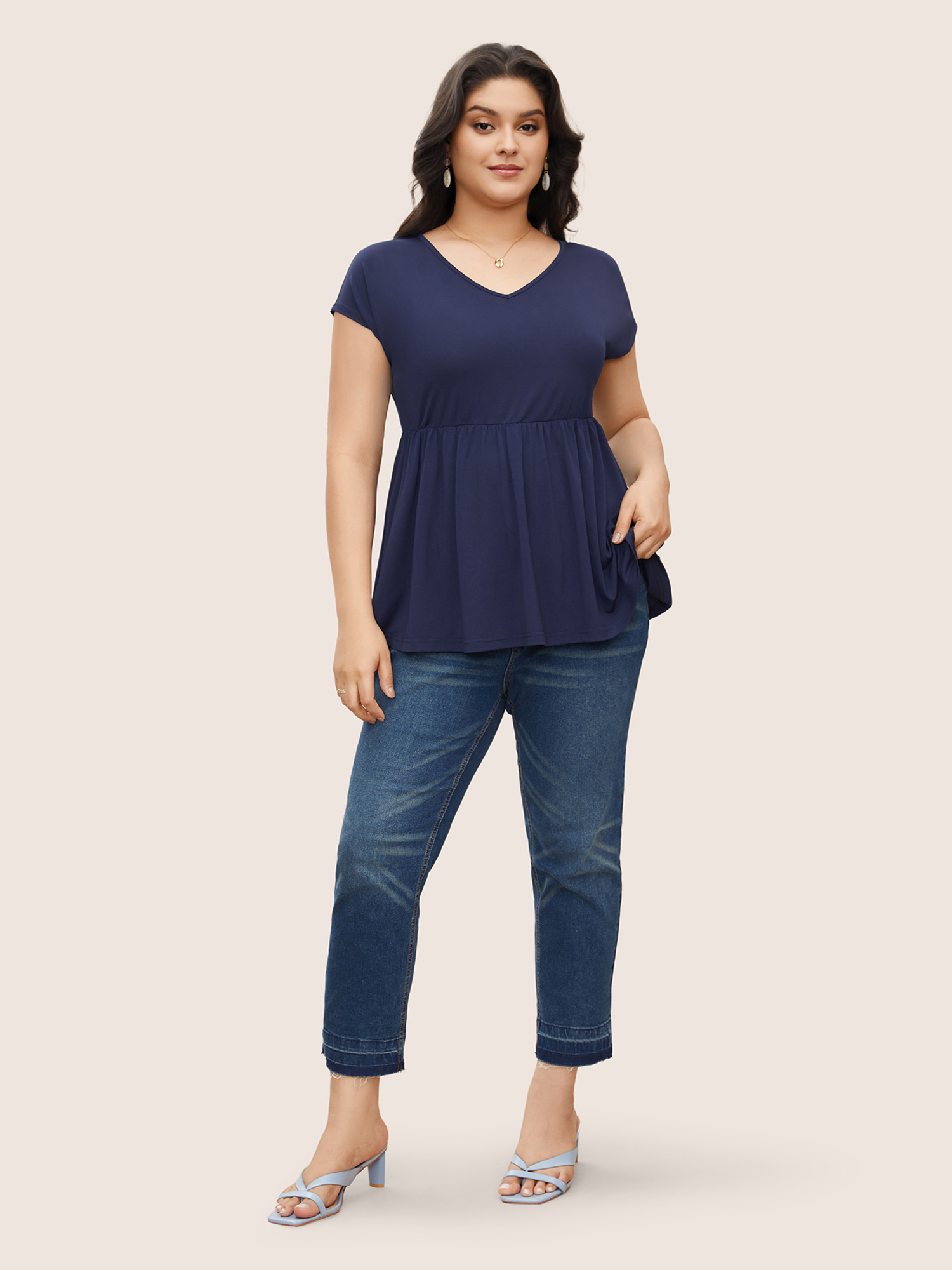 

Plus Size Solid Backless Dolman Sleeve Knit Top Blue V-neck Short sleeve Elegant Jersey Tops