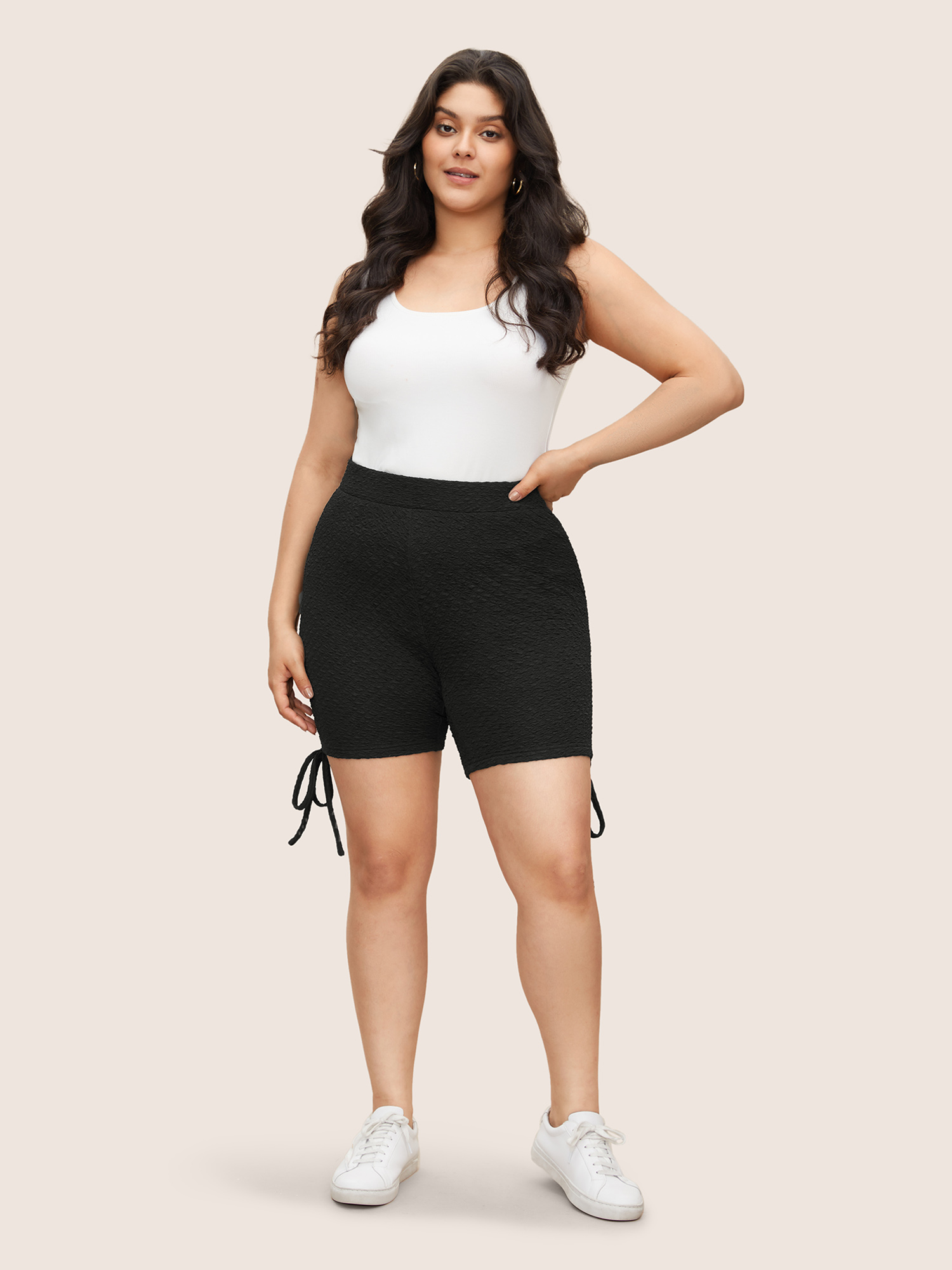 Plus Size Plisse Tie Knot Elastic Waist High Rise Leggings Women Black Casual High stretch Skinny High Rise Everyday Leggings BloomChic 30/6X 